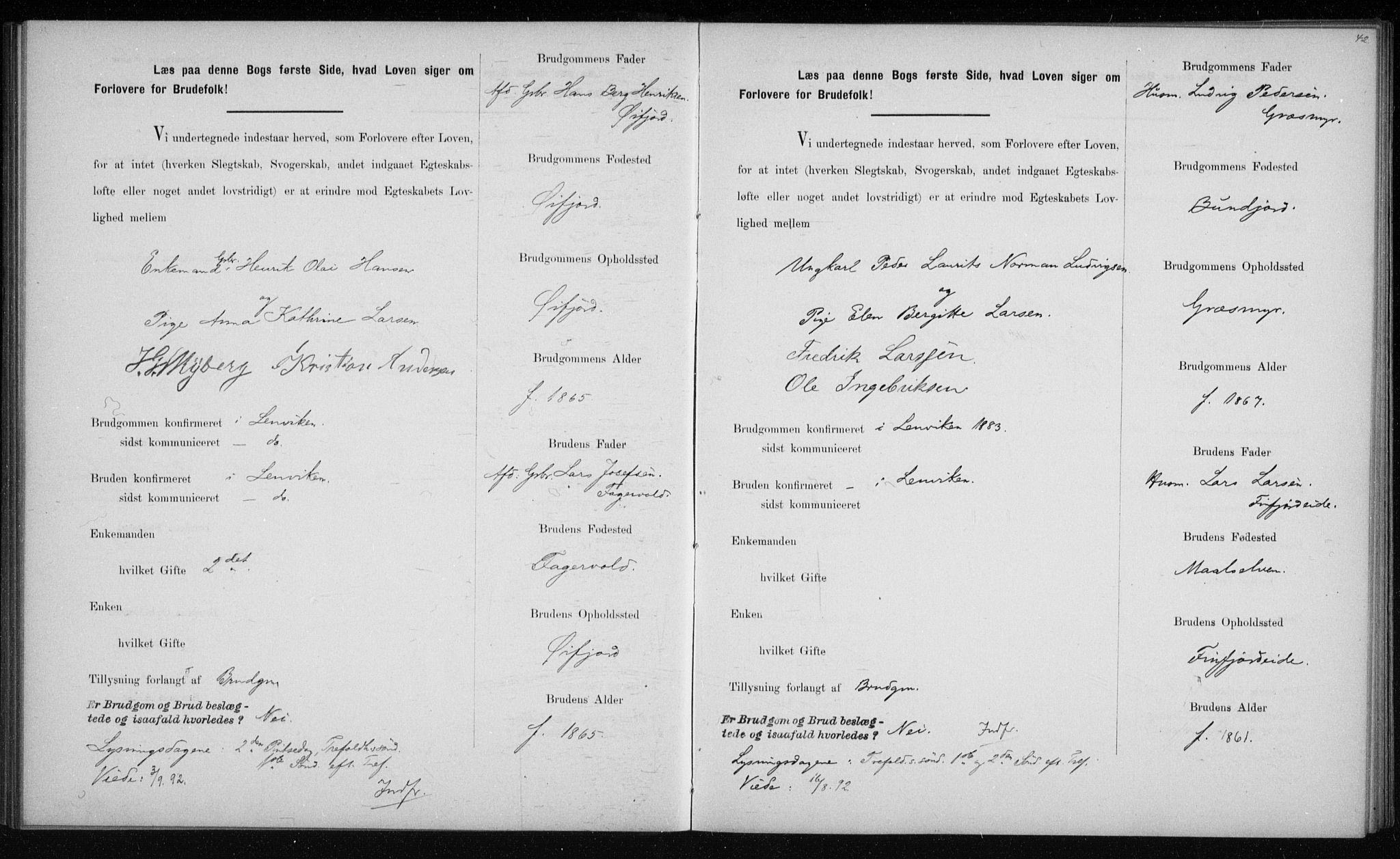 Lenvik sokneprestembete, AV/SATØ-S-1310/I/Ie/L0129: Banns register no. 129, 1890-1895, p. 42