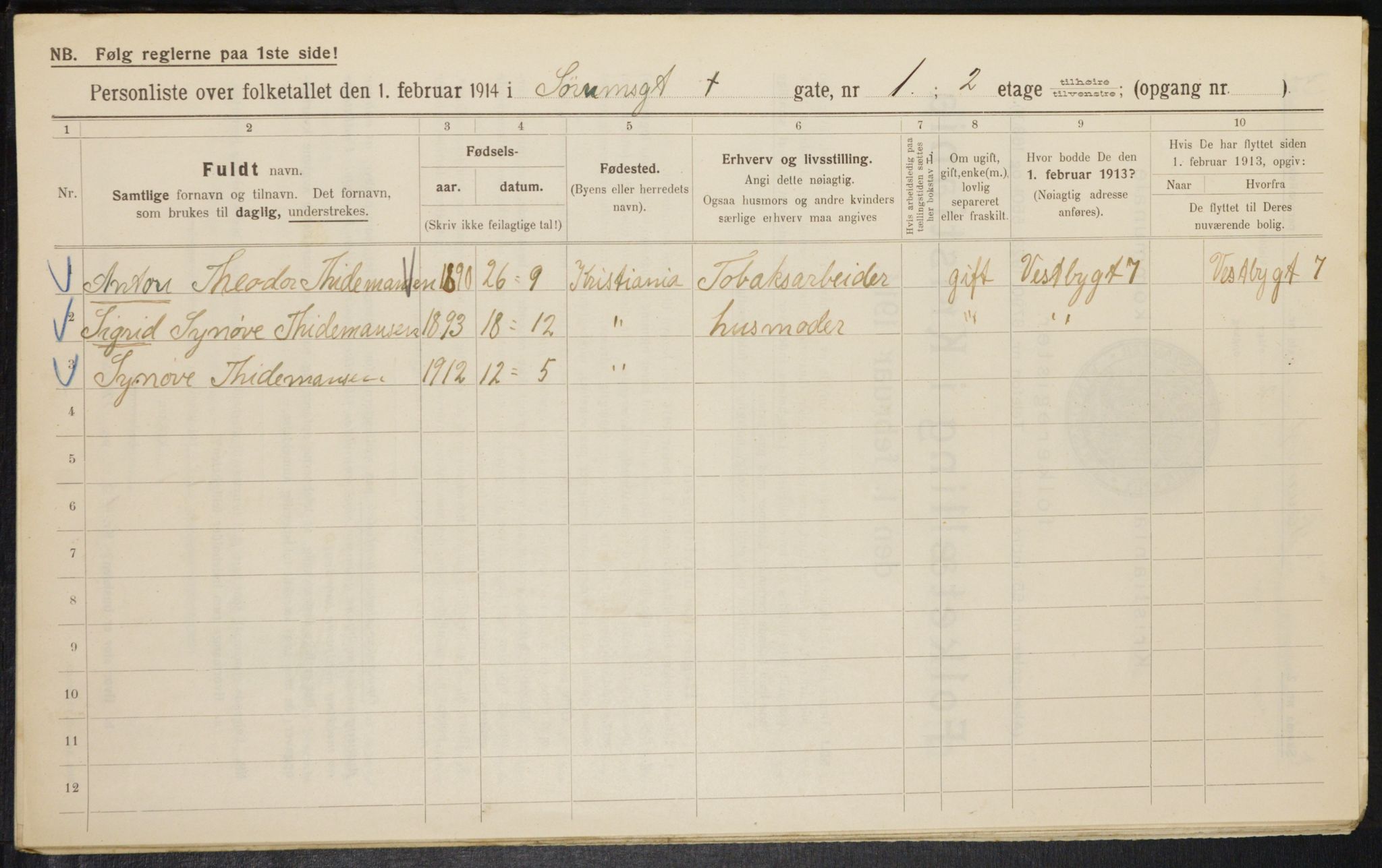 OBA, Municipal Census 1914 for Kristiania, 1914, p. 107610