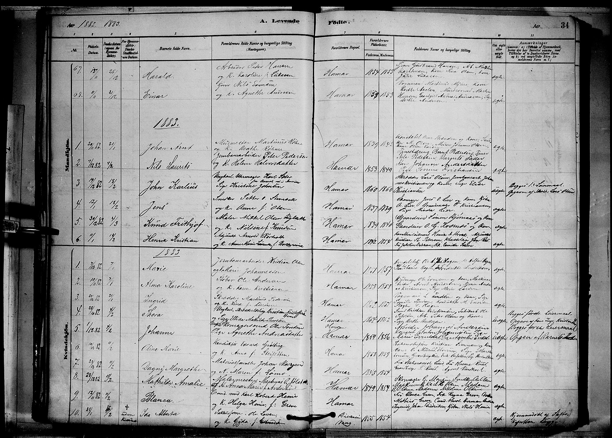 Vang prestekontor, Hedmark, SAH/PREST-008/H/Ha/Hab/L0012: Parish register (copy) no. 12, 1878-1889, p. 34