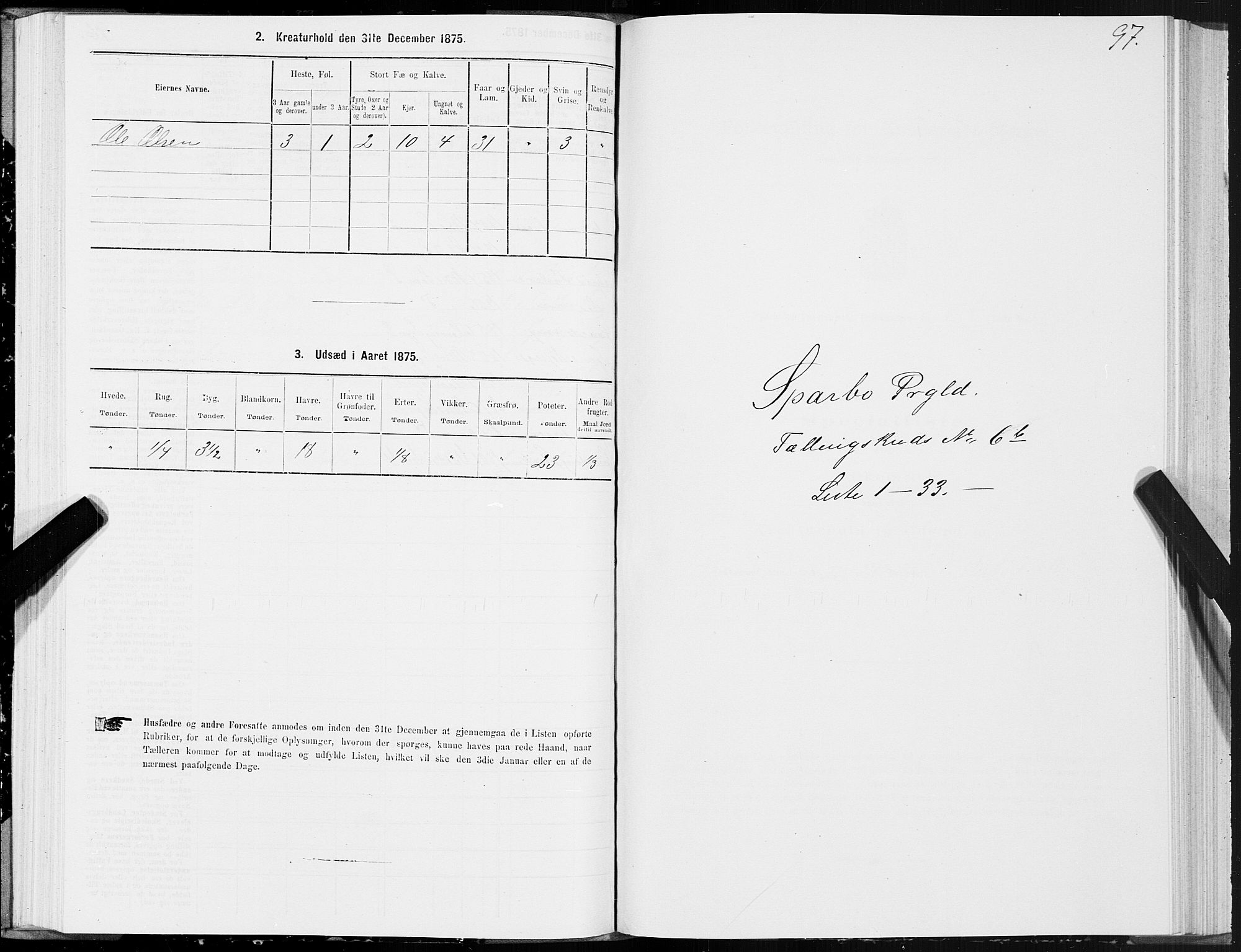 SAT, 1875 census for 1731P Sparbu, 1875, p. 3097