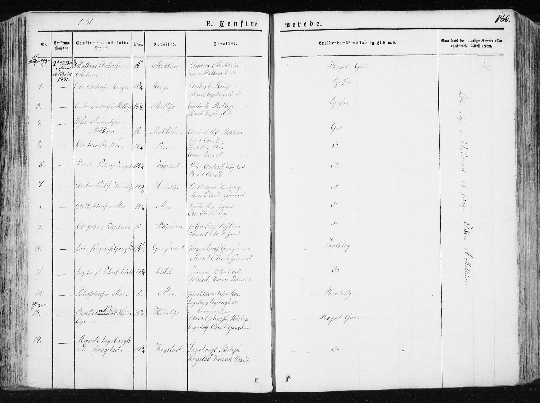 Ministerialprotokoller, klokkerbøker og fødselsregistre - Sør-Trøndelag, SAT/A-1456/665/L0771: Parish register (official) no. 665A06, 1830-1856, p. 186