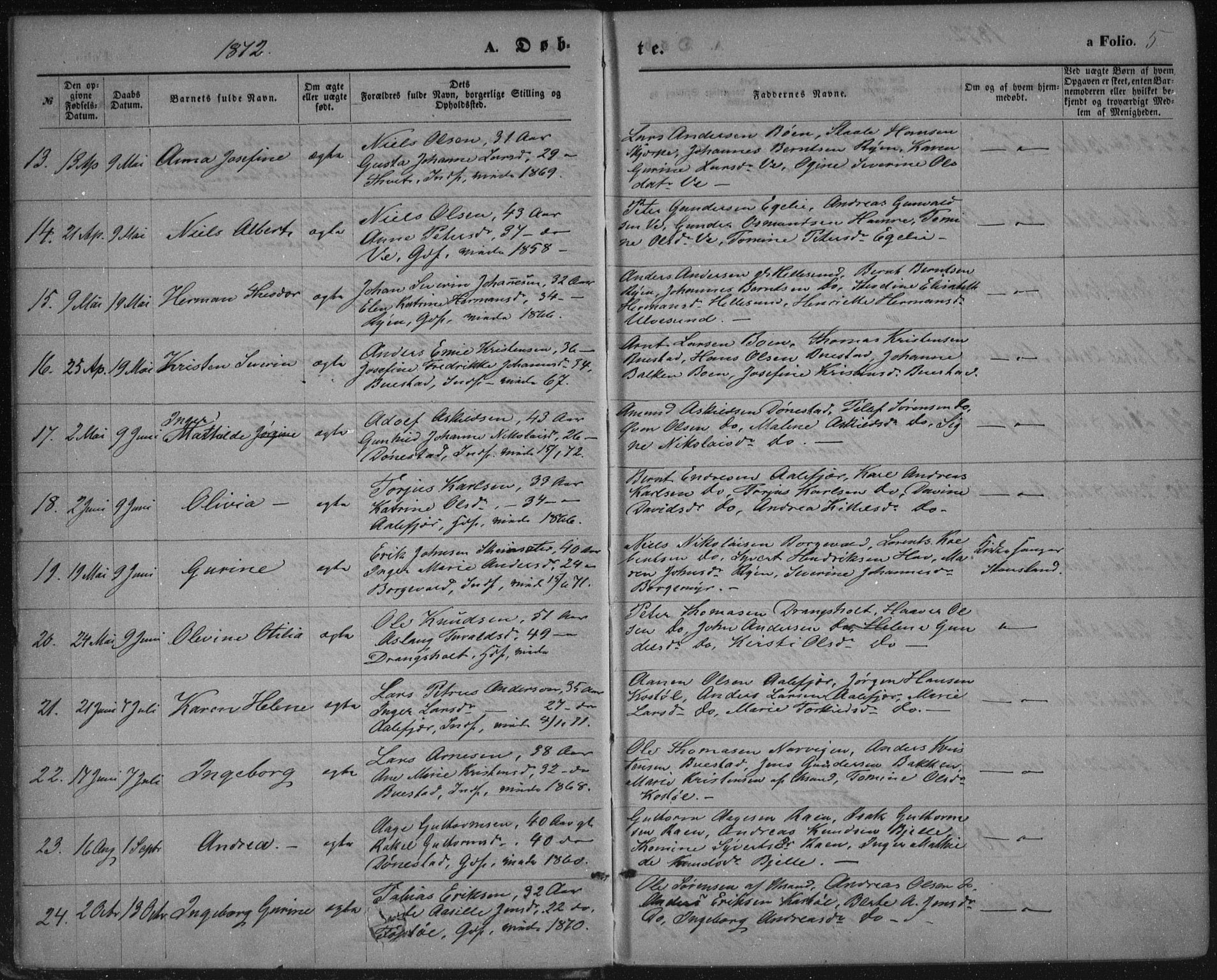 Tveit sokneprestkontor, AV/SAK-1111-0043/F/Fa/L0006: Parish register (official) no. A 6, 1872-1886, p. 5