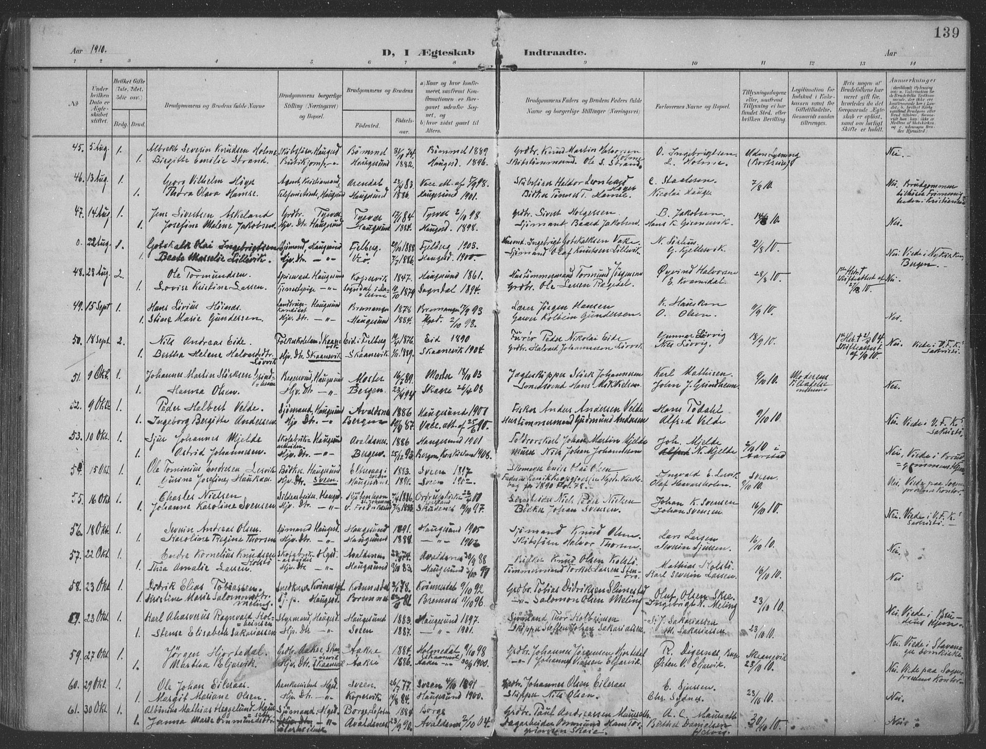 Haugesund sokneprestkontor, AV/SAST-A -101863/H/Ha/Haa/L0007: Parish register (official) no. A 7, 1904-1916, p. 139