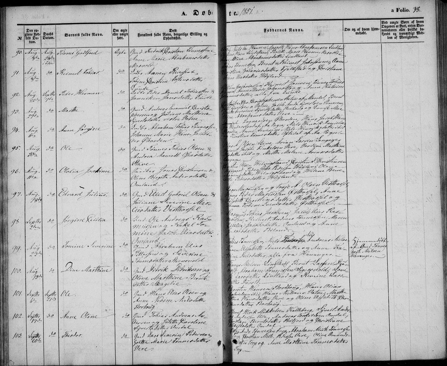 Lista sokneprestkontor, SAK/1111-0027/F/Fb/L0002: Parish register (copy) no. B 2, 1847-1862, p. 38