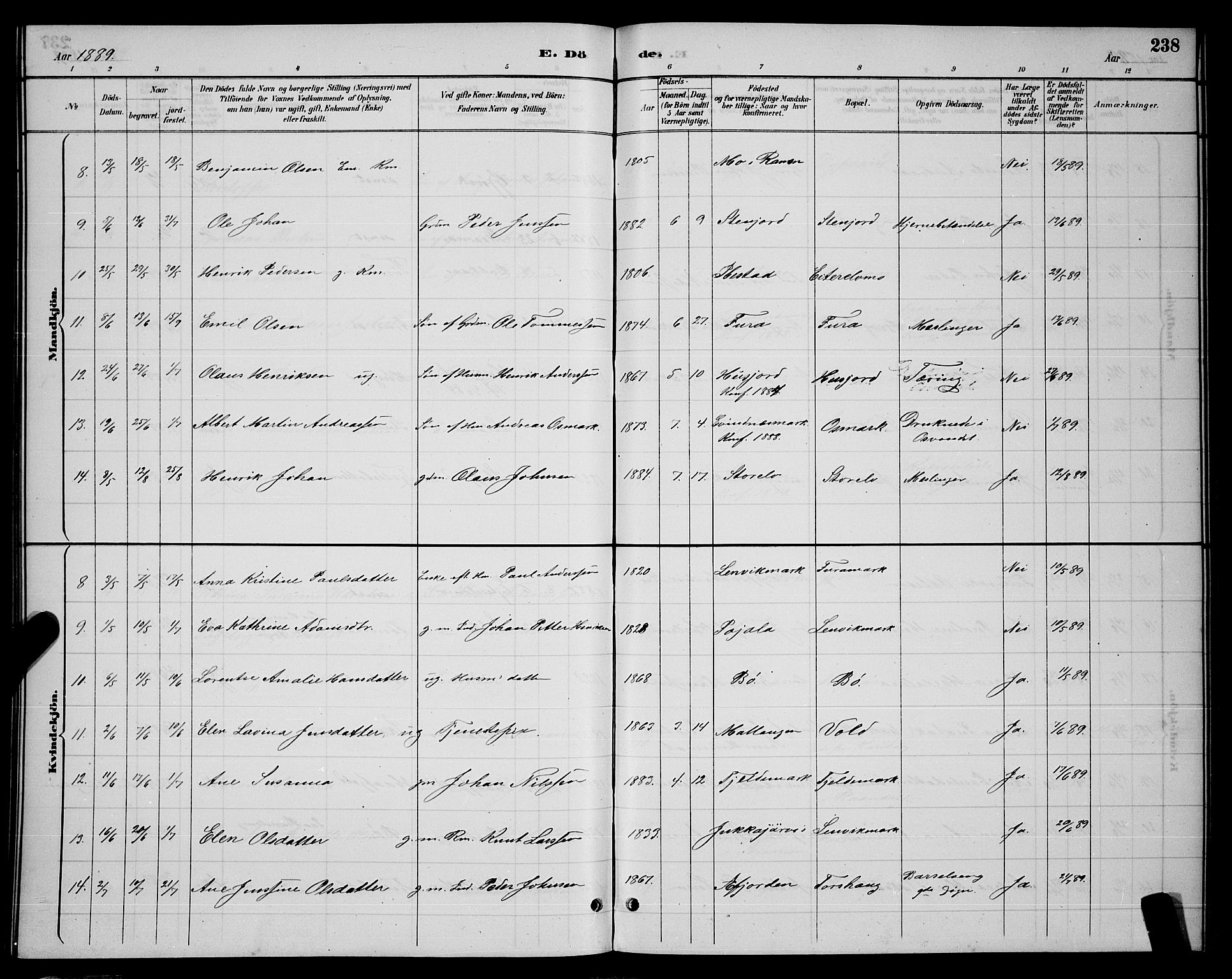 Ministerialprotokoller, klokkerbøker og fødselsregistre - Nordland, AV/SAT-A-1459/863/L0914: Parish register (copy) no. 863C04, 1886-1897, p. 238