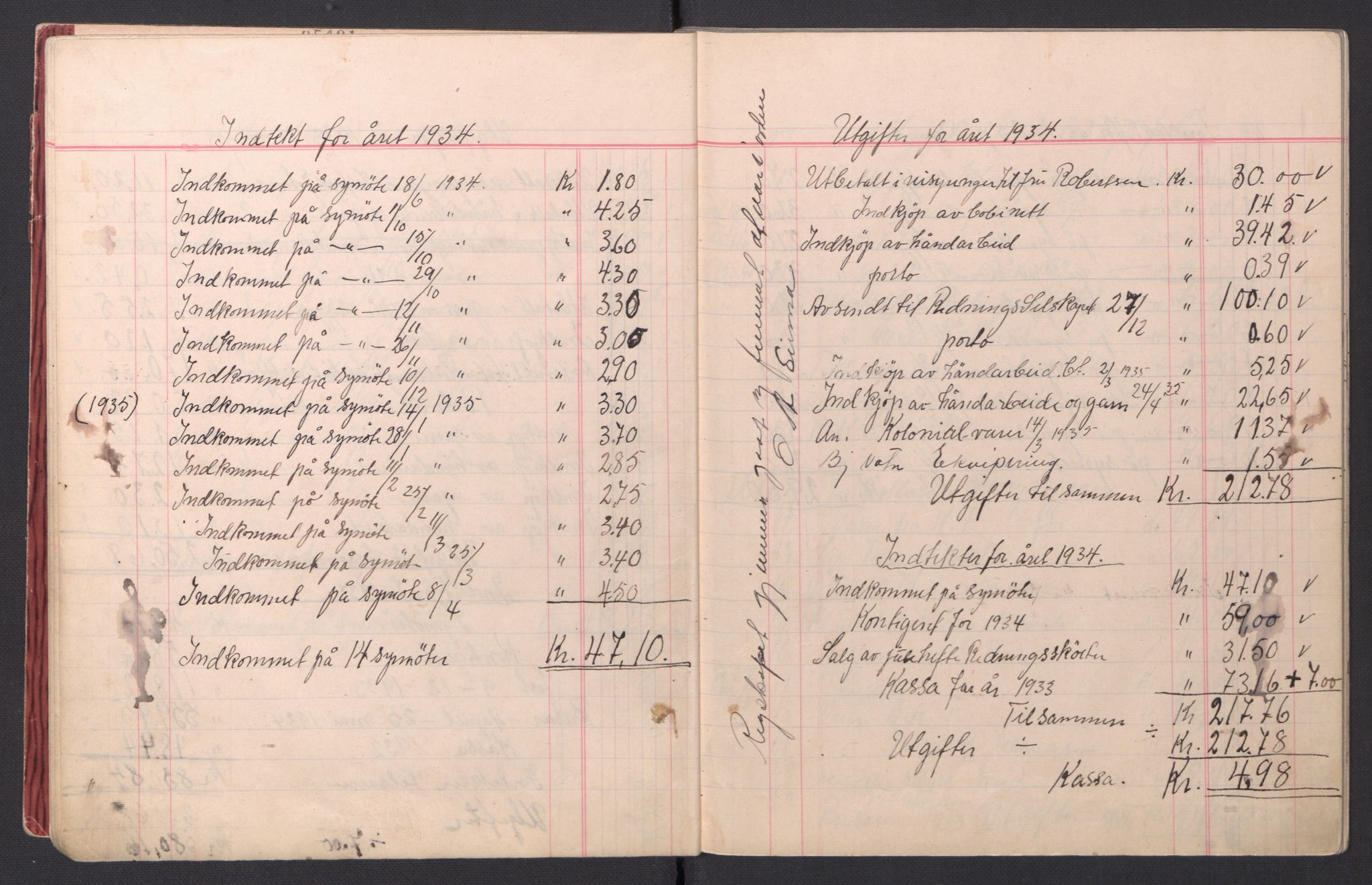 Redningsselskapet (NSSR), AV/RA-PA-1393/2/I/Ib/L0001/0004: Foreningsarkiver / Redningssakens kvinneforening i Bjørnevatn - Kassabok, 1930-1958