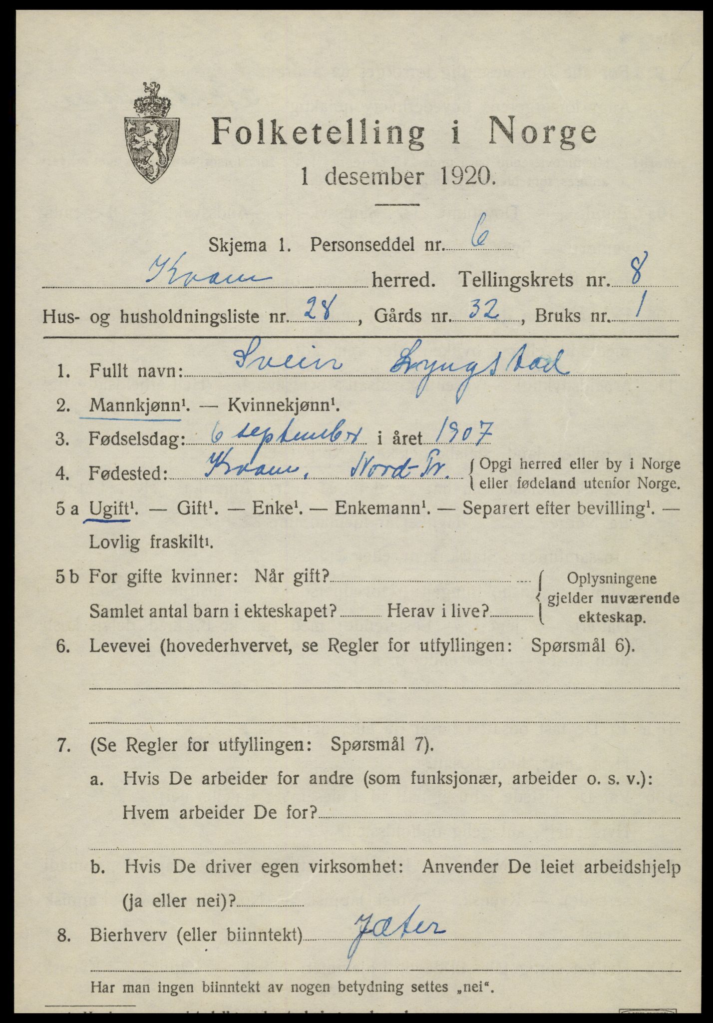 SAT, 1920 census for Kvam, 1920, p. 2307