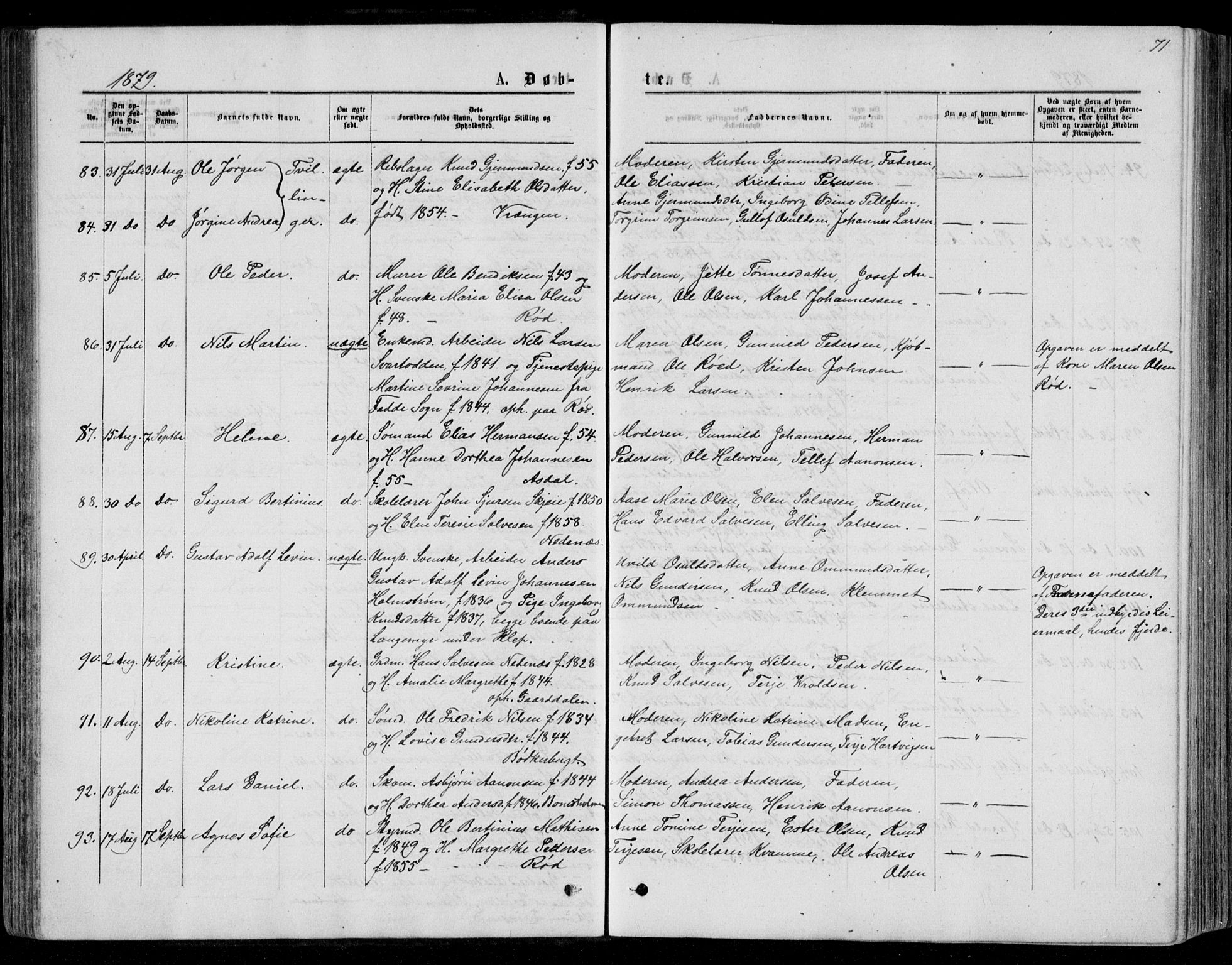 Øyestad sokneprestkontor, AV/SAK-1111-0049/F/Fb/L0008: Parish register (copy) no. B 8, 1872-1886, p. 71