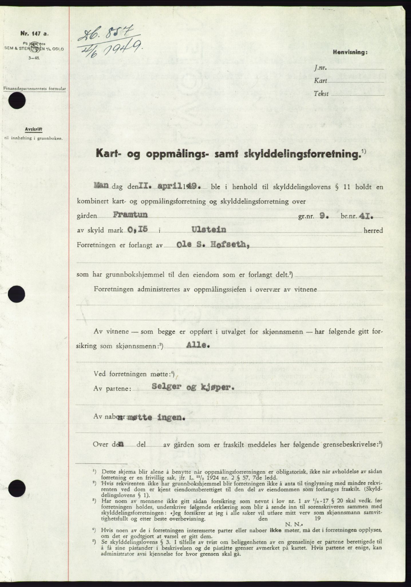 Søre Sunnmøre sorenskriveri, AV/SAT-A-4122/1/2/2C/L0084: Mortgage book no. 10A, 1949-1949, Diary no: : 857/1949