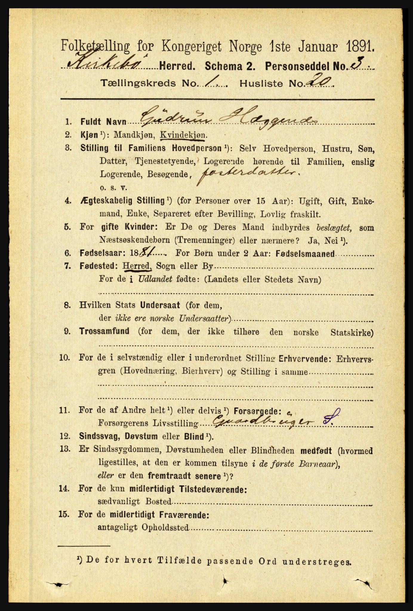 RA, 1891 census for 1416 Kyrkjebø, 1891, p. 181