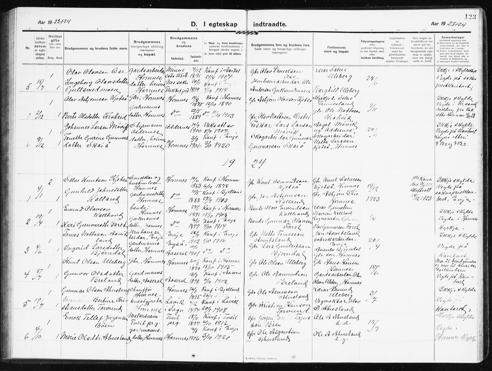 Evje sokneprestkontor, AV/SAK-1111-0008/F/Fb/Fbb/L0003: Parish register (copy) no. B 3, 1910-1933, p. 123