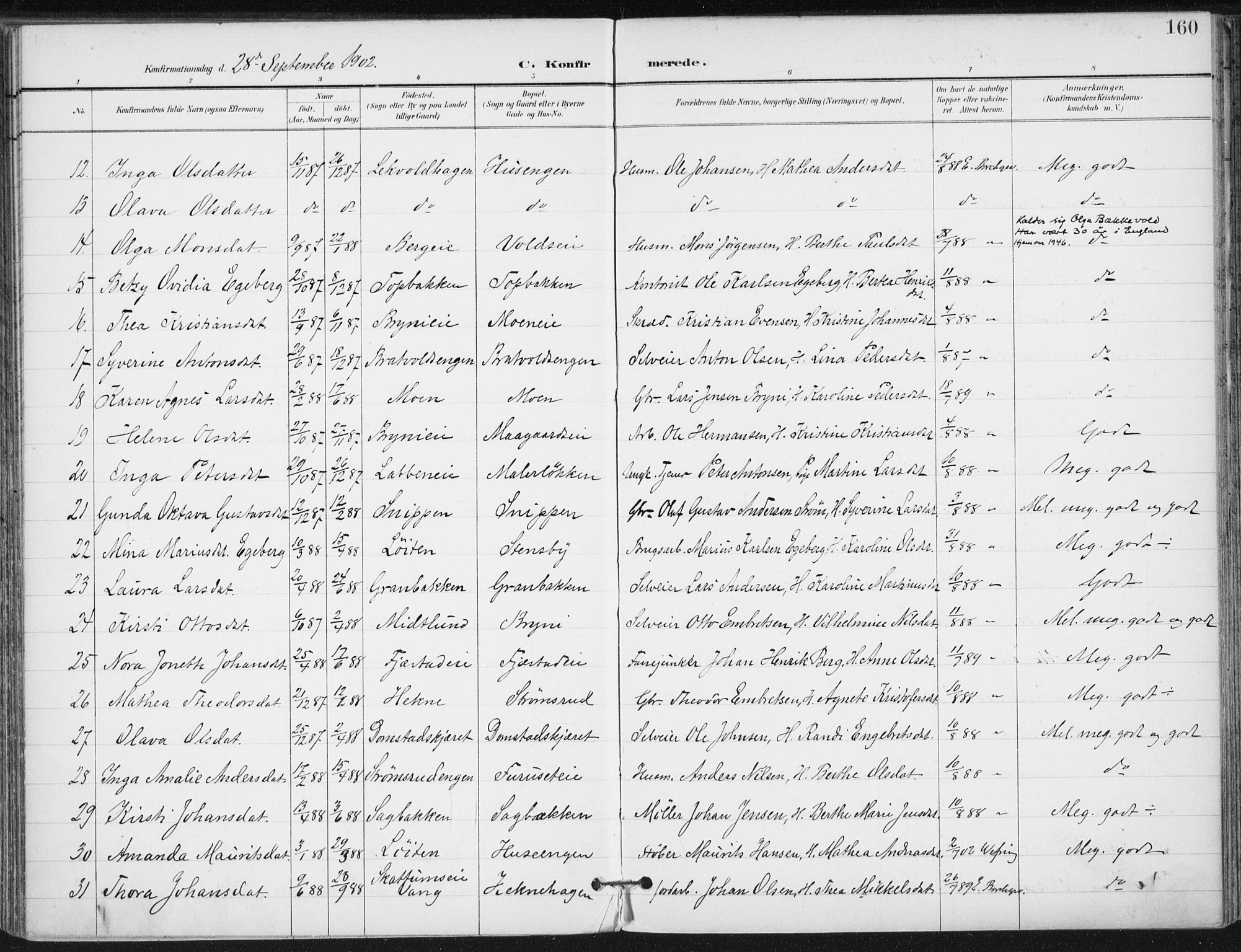 Romedal prestekontor, SAH/PREST-004/K/L0011: Parish register (official) no. 11, 1896-1912, p. 160