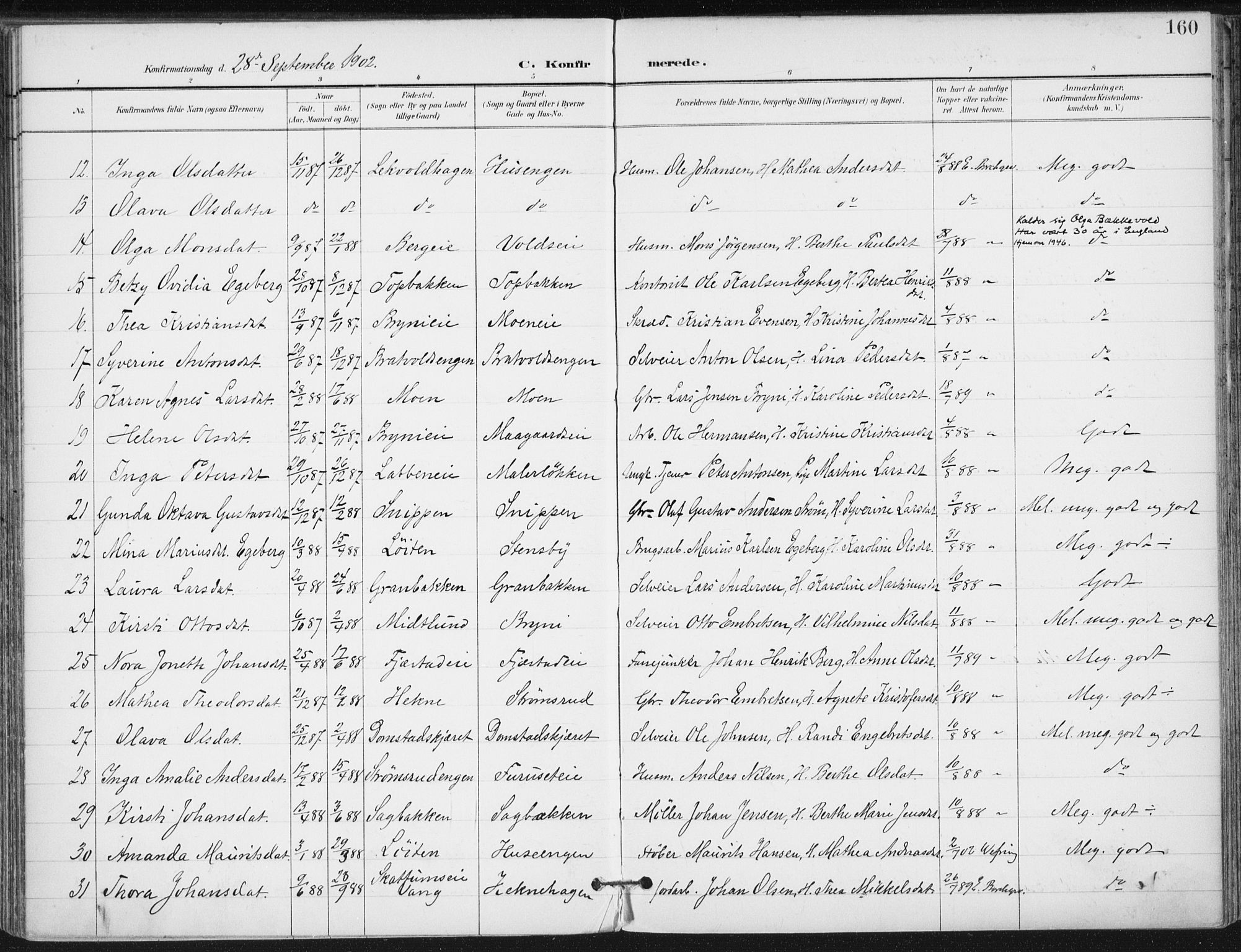 Romedal prestekontor, AV/SAH-PREST-004/K/L0011: Parish register (official) no. 11, 1896-1912, p. 160