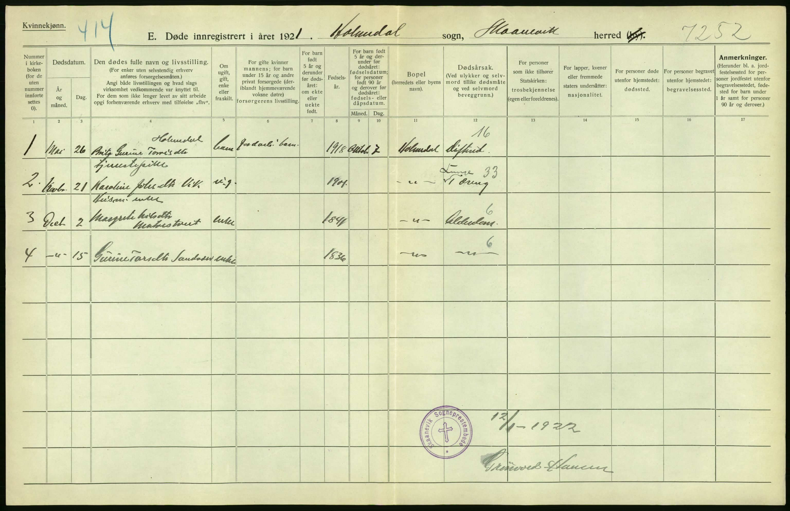 Statistisk sentralbyrå, Sosiodemografiske emner, Befolkning, AV/RA-S-2228/D/Df/Dfc/Dfca/L0033: Hordaland fylke: Døde. Bygder., 1921, p. 22