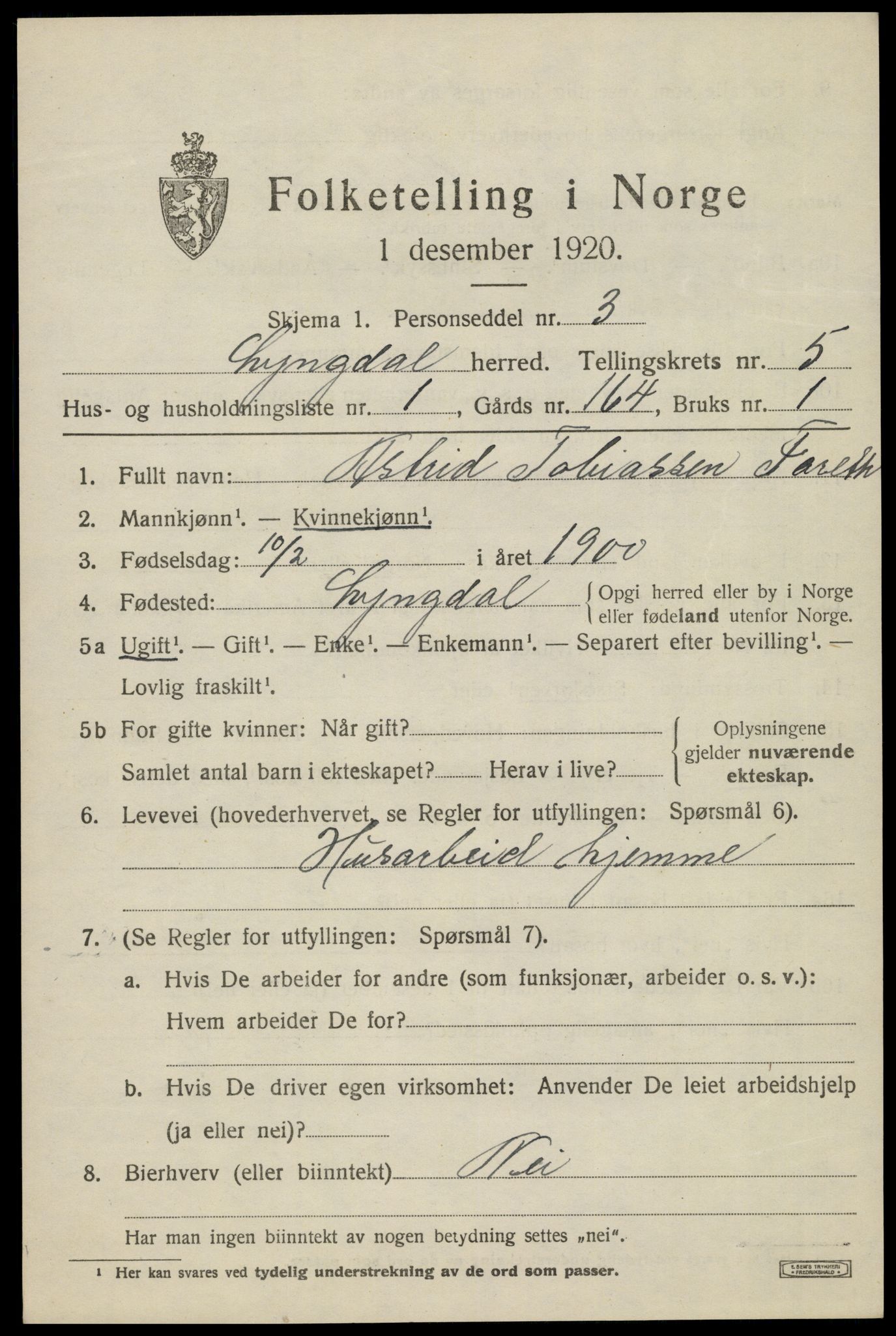 SAK, 1920 census for Lyngdal, 1920, p. 3009