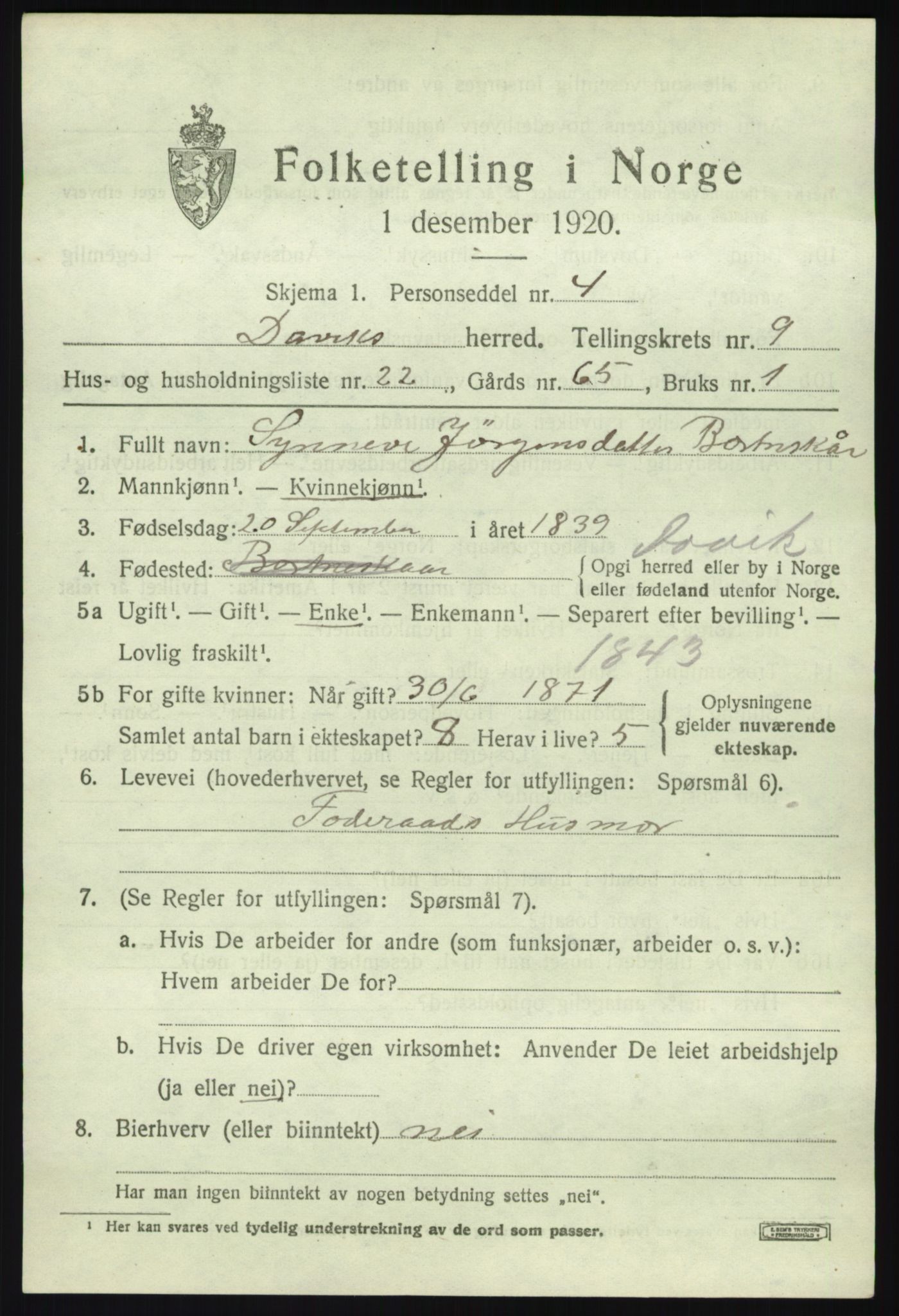 SAB, 1920 census for Davik, 1920, p. 5083