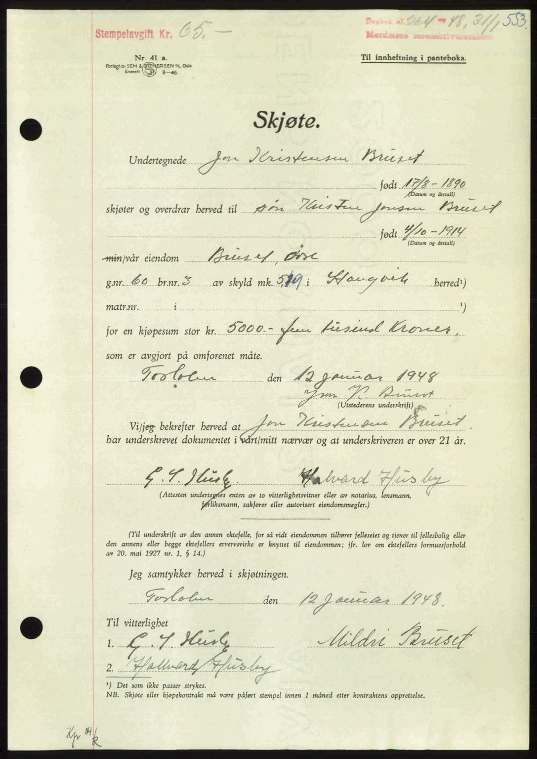 Nordmøre sorenskriveri, AV/SAT-A-4132/1/2/2Ca: Mortgage book no. A107, 1947-1948, Diary no: : 264/1948