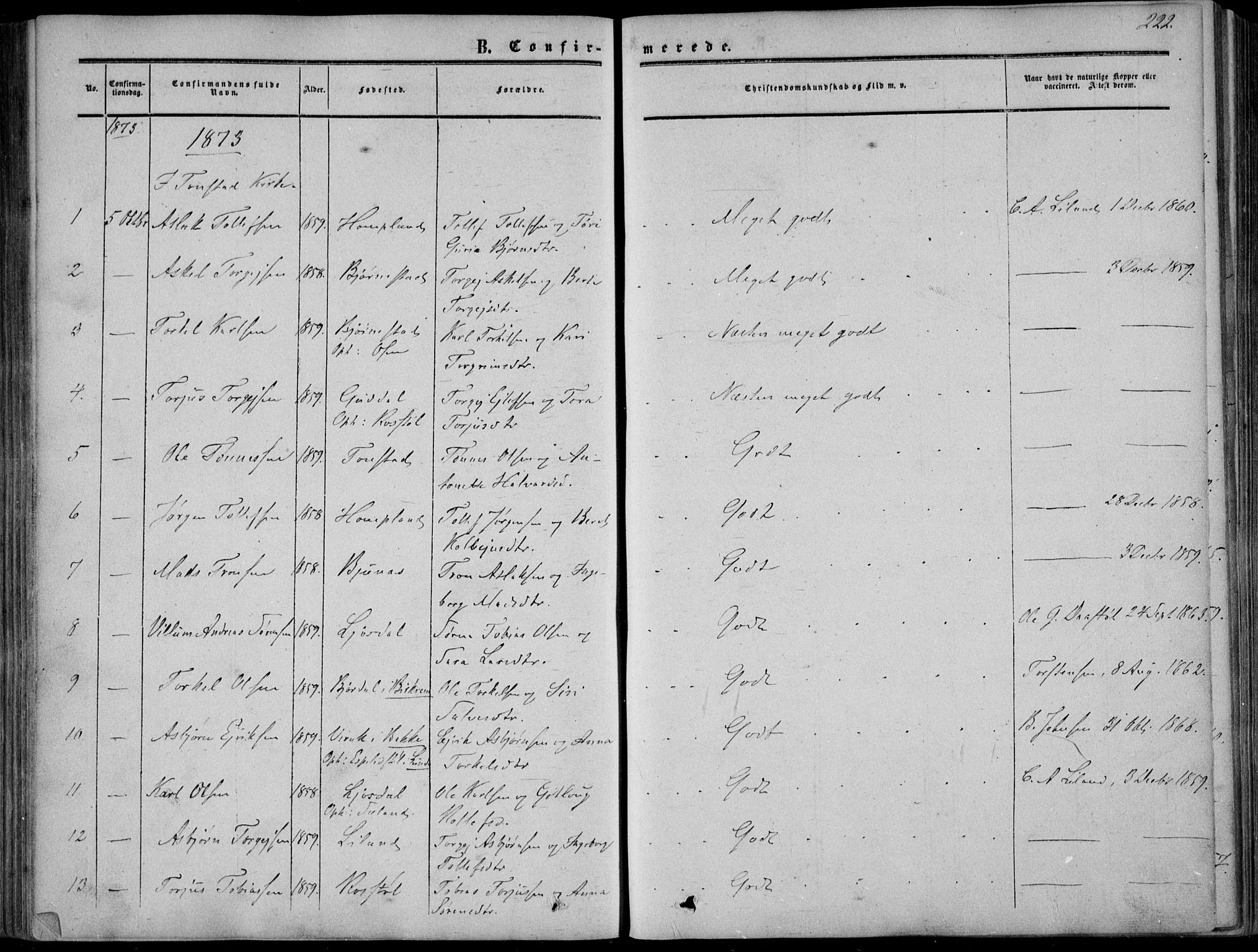 Sirdal sokneprestkontor, AV/SAK-1111-0036/F/Fa/Fab/L0002: Parish register (official) no. A 2, 1855-1874, p. 222