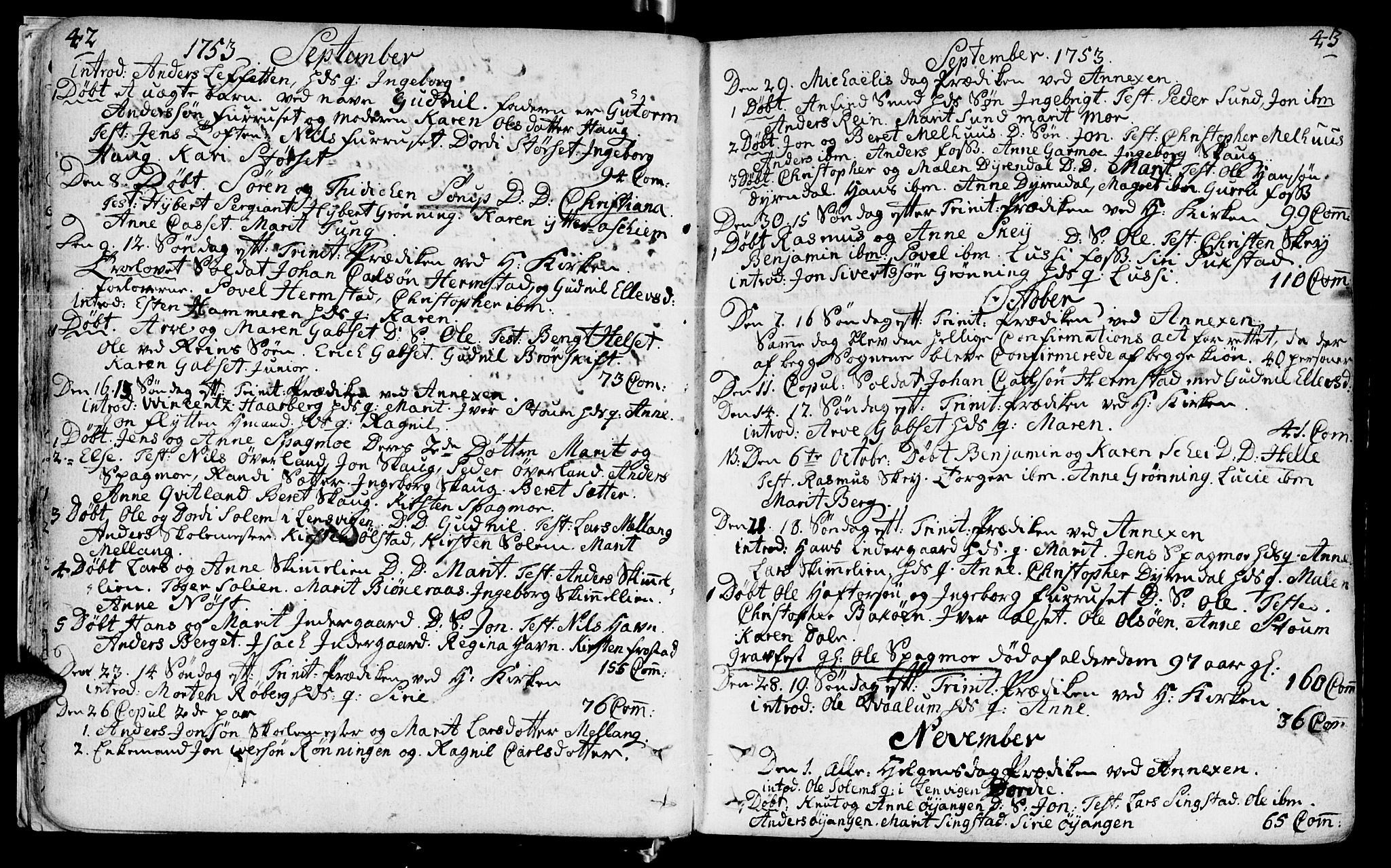 Ministerialprotokoller, klokkerbøker og fødselsregistre - Sør-Trøndelag, SAT/A-1456/646/L0605: Parish register (official) no. 646A03, 1751-1790, p. 42-43