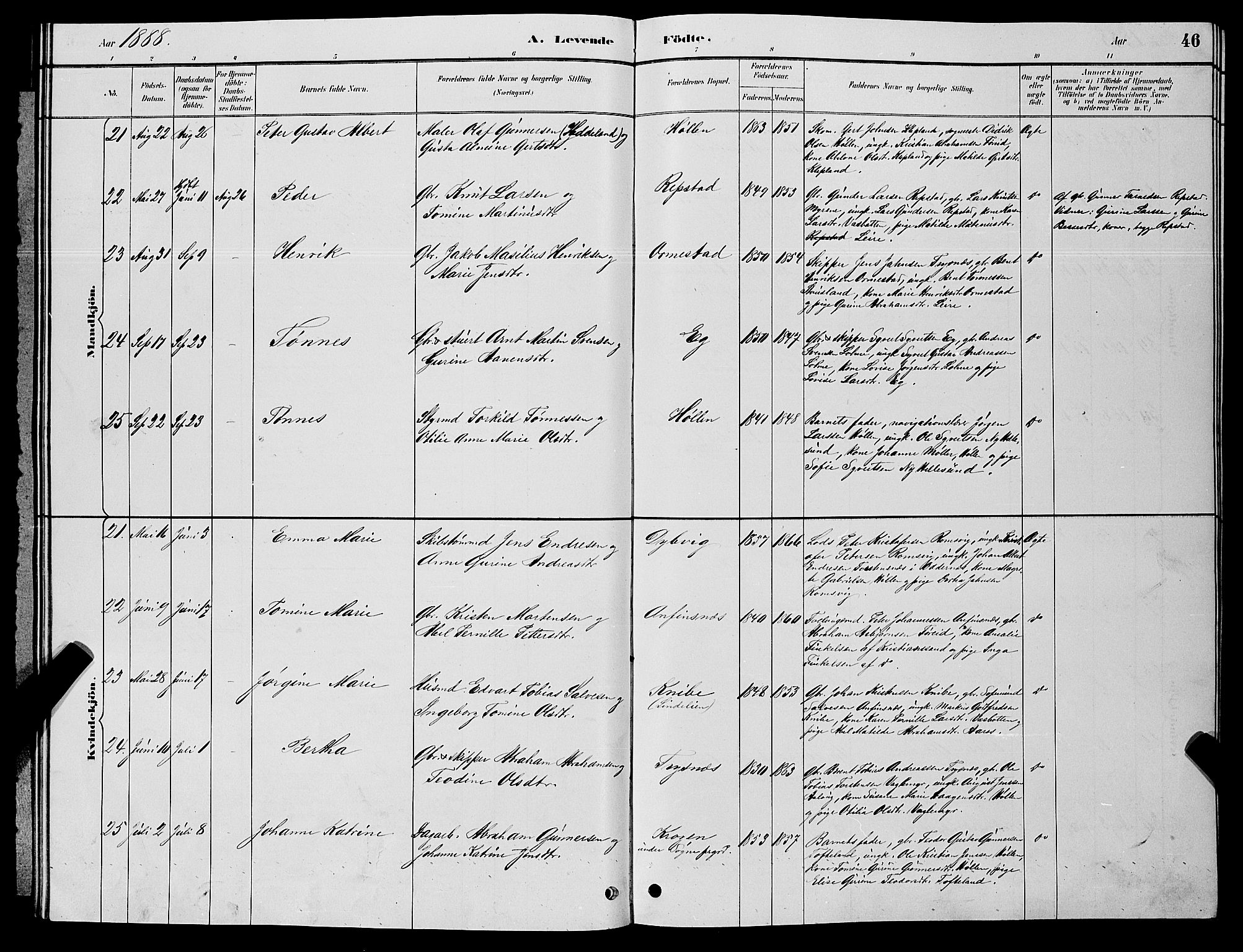 Søgne sokneprestkontor, AV/SAK-1111-0037/F/Fb/Fbb/L0005: Parish register (copy) no. B 5, 1884-1891, p. 46