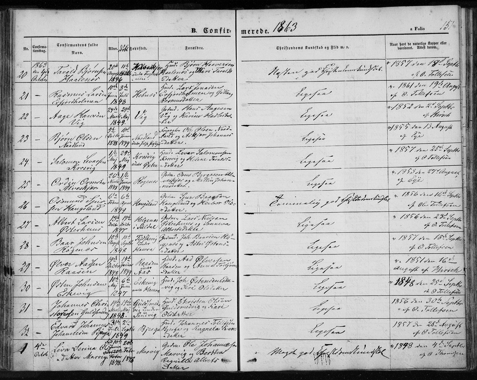 Jelsa sokneprestkontor, AV/SAST-A-101842/01/IV: Parish register (official) no. A 7, 1854-1866, p. 151