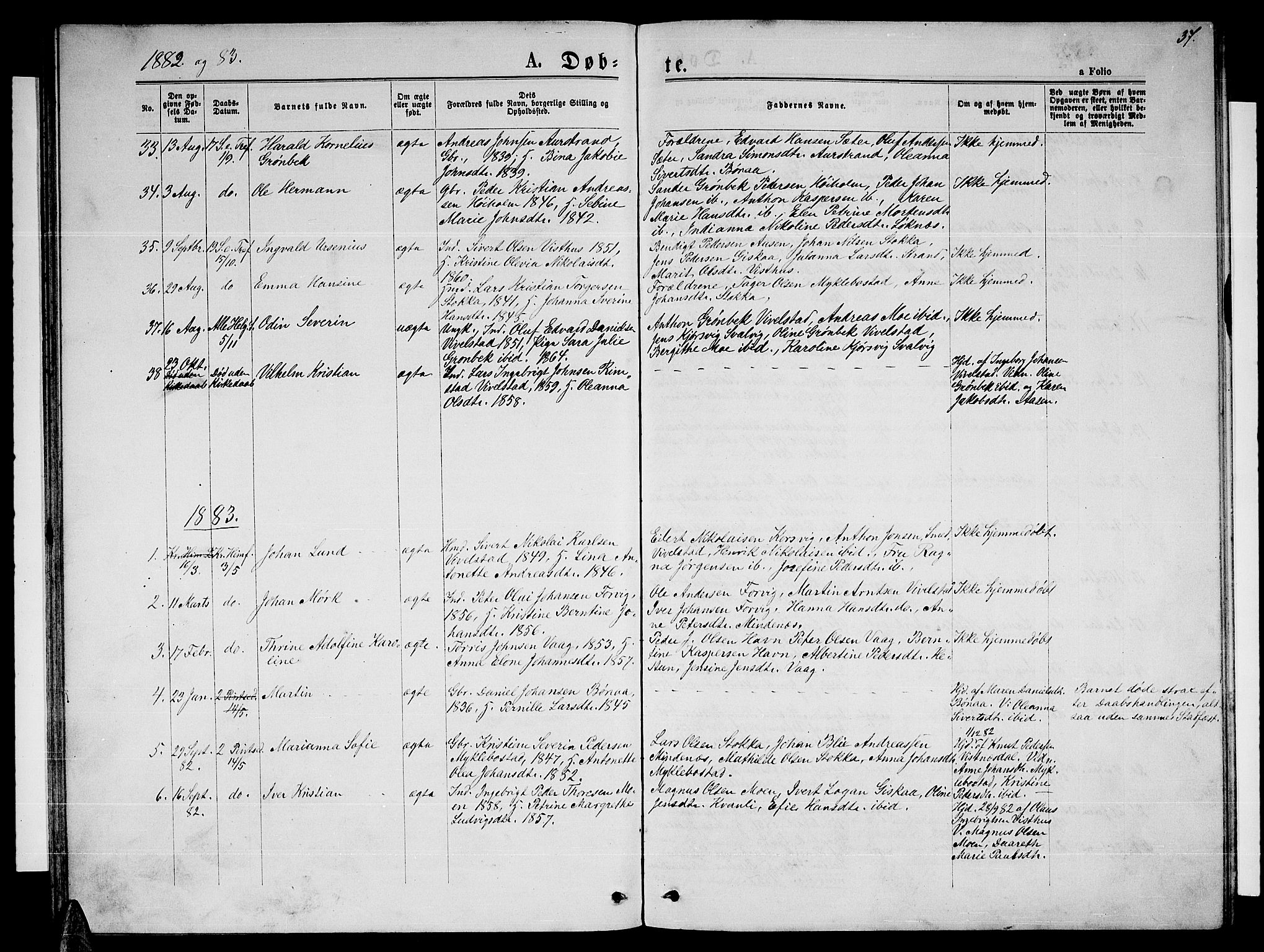 Ministerialprotokoller, klokkerbøker og fødselsregistre - Nordland, AV/SAT-A-1459/819/L0276: Parish register (copy) no. 819C02, 1869-1887, p. 37