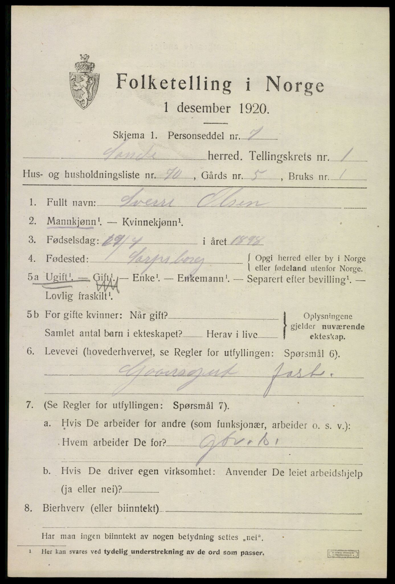 SAKO, 1920 census for Sande, 1920, p. 1990