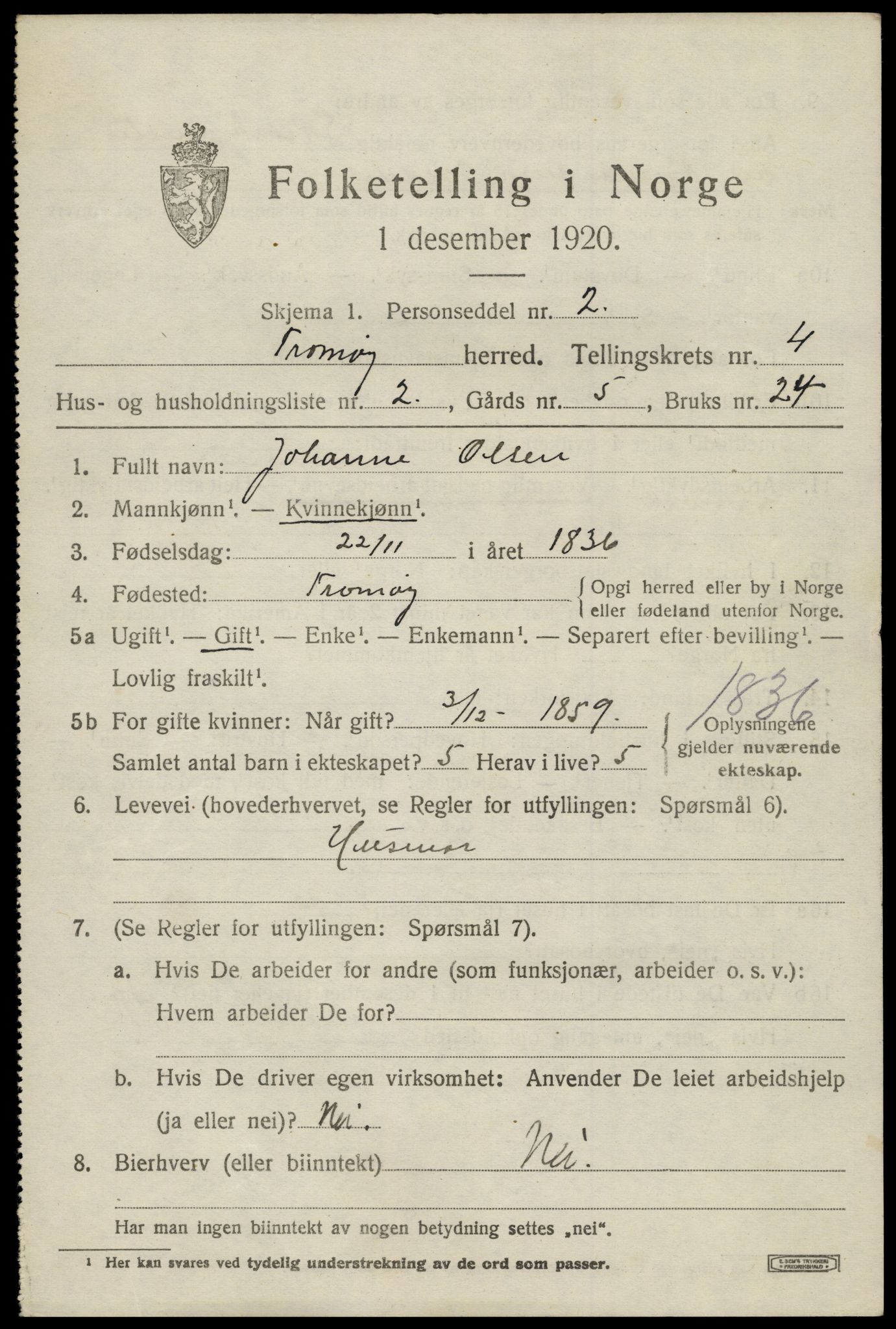 SAK, 1920 census for Tromøy, 1920, p. 2385