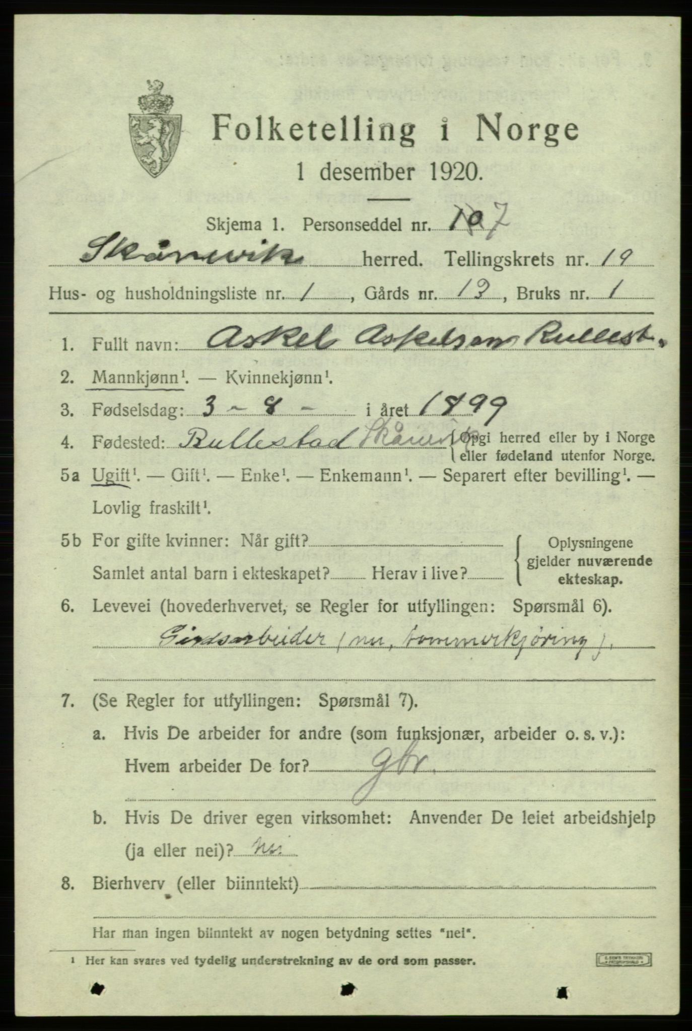 SAB, 1920 census for Skånevik, 1920, p. 6995