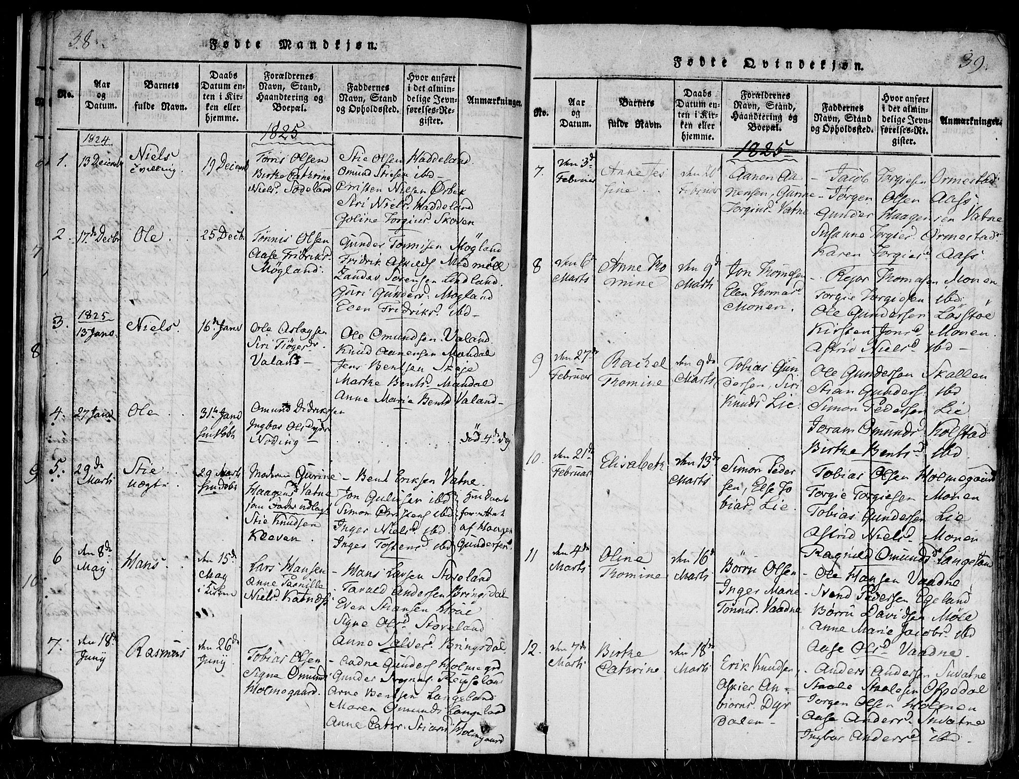 Holum sokneprestkontor, SAK/1111-0022/F/Fa/Faa/L0004: Parish register (official) no. A 4, 1820-1849, p. 38-39