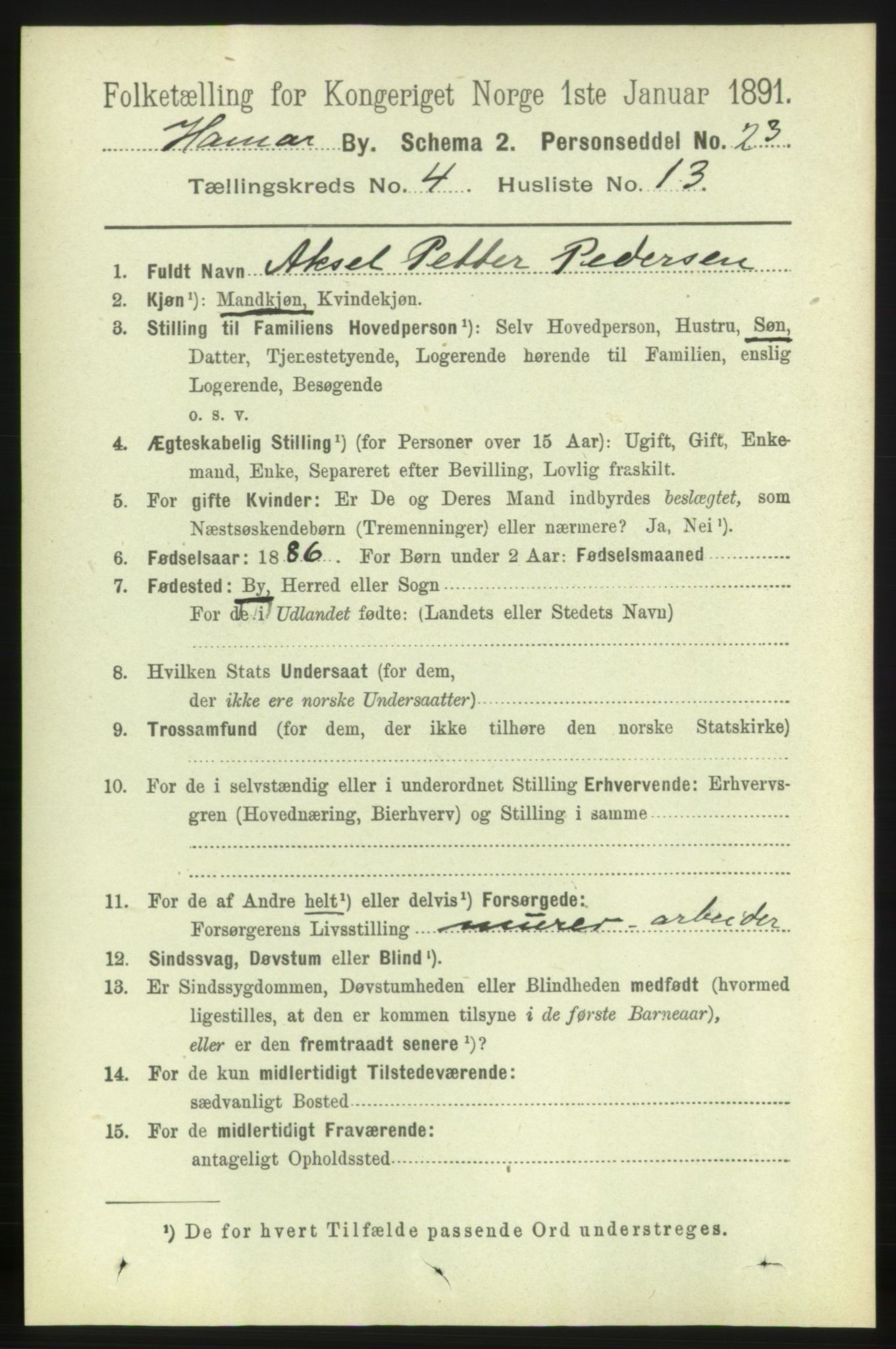 RA, 1891 census for 0401 Hamar, 1891, p. 3024