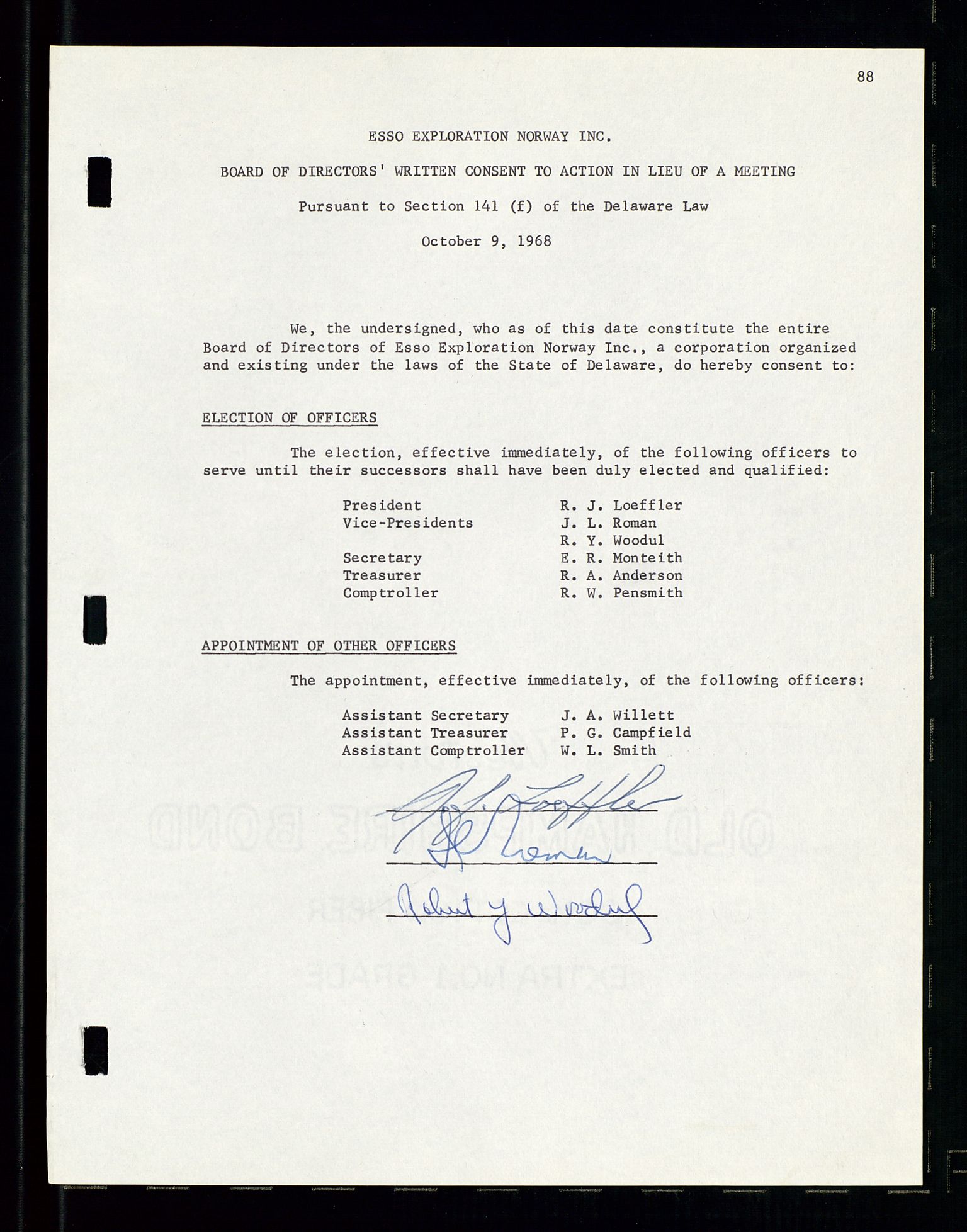 Pa 1512 - Esso Exploration and Production Norway Inc., SAST/A-101917/A/Aa/L0001/0001: Styredokumenter / Corporate records, By-Laws, Board meeting minutes, Incorporations, 1965-1975, p. 88