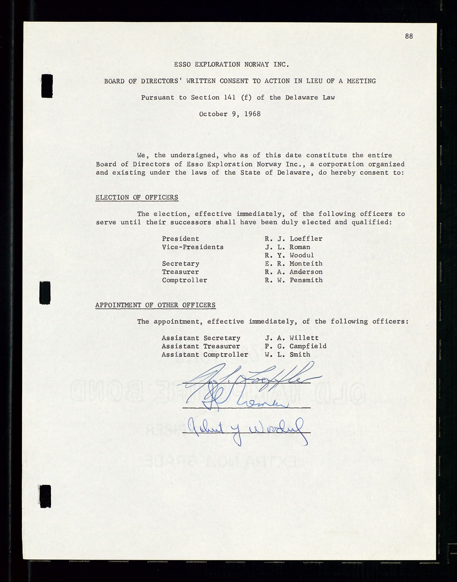 Pa 1512 - Esso Exploration and Production Norway Inc., AV/SAST-A-101917/A/Aa/L0001/0001: Styredokumenter / Corporate records, By-Laws, Board meeting minutes, Incorporations, 1965-1975, p. 88