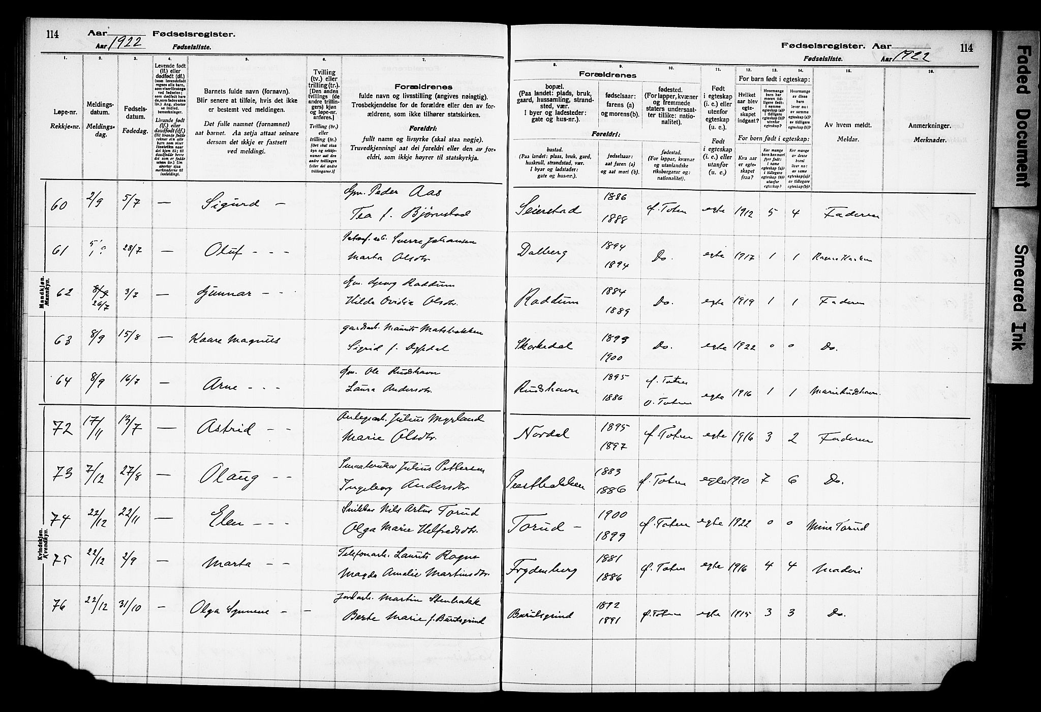 Østre Toten prestekontor, AV/SAH-PREST-104/I/Id/L0001/0001: Birth register no. 1.1, 1916-1928, p. 114