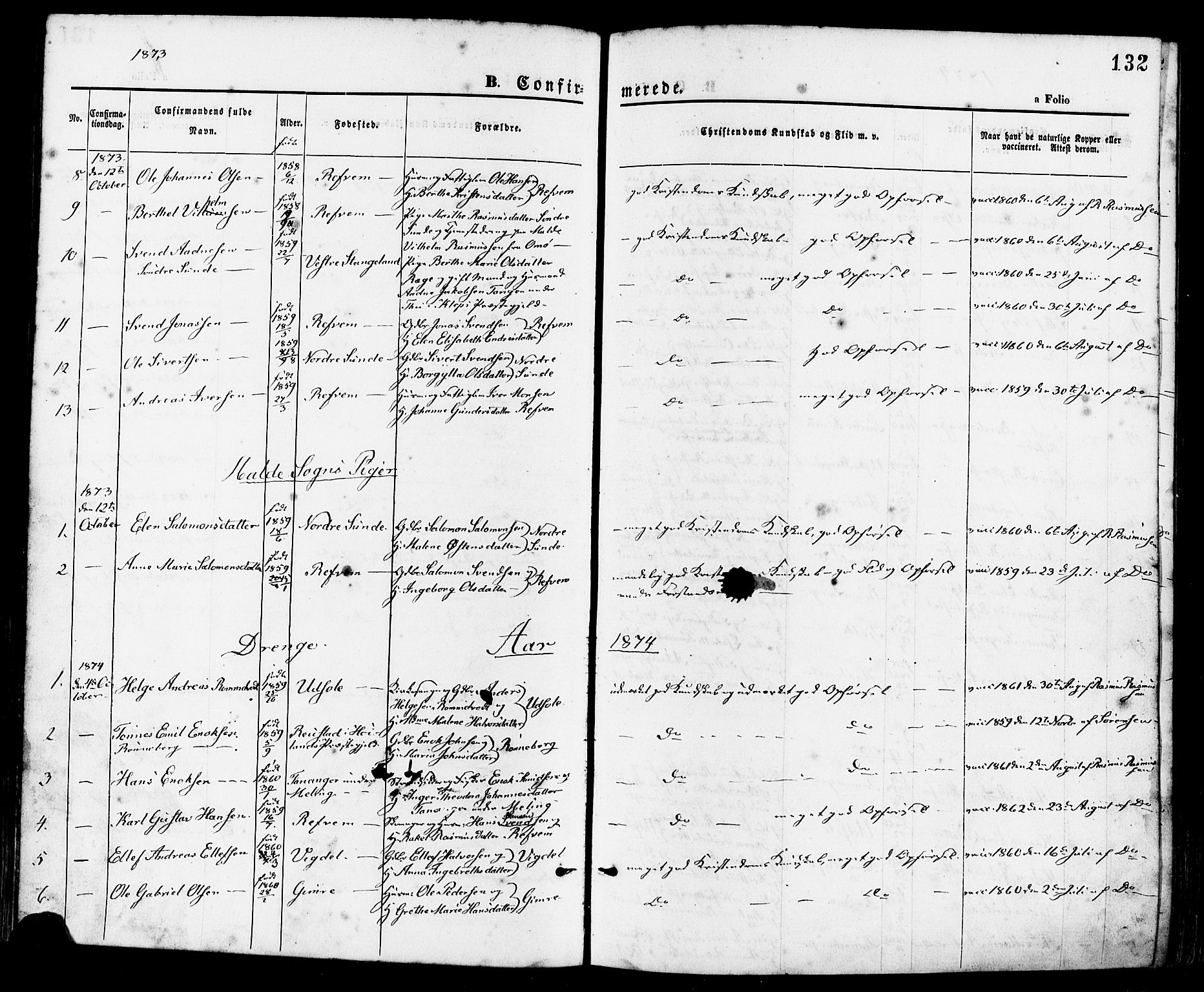 Håland sokneprestkontor, SAST/A-101802/001/30BA/L0009: Parish register (official) no. A 8, 1871-1882, p. 132