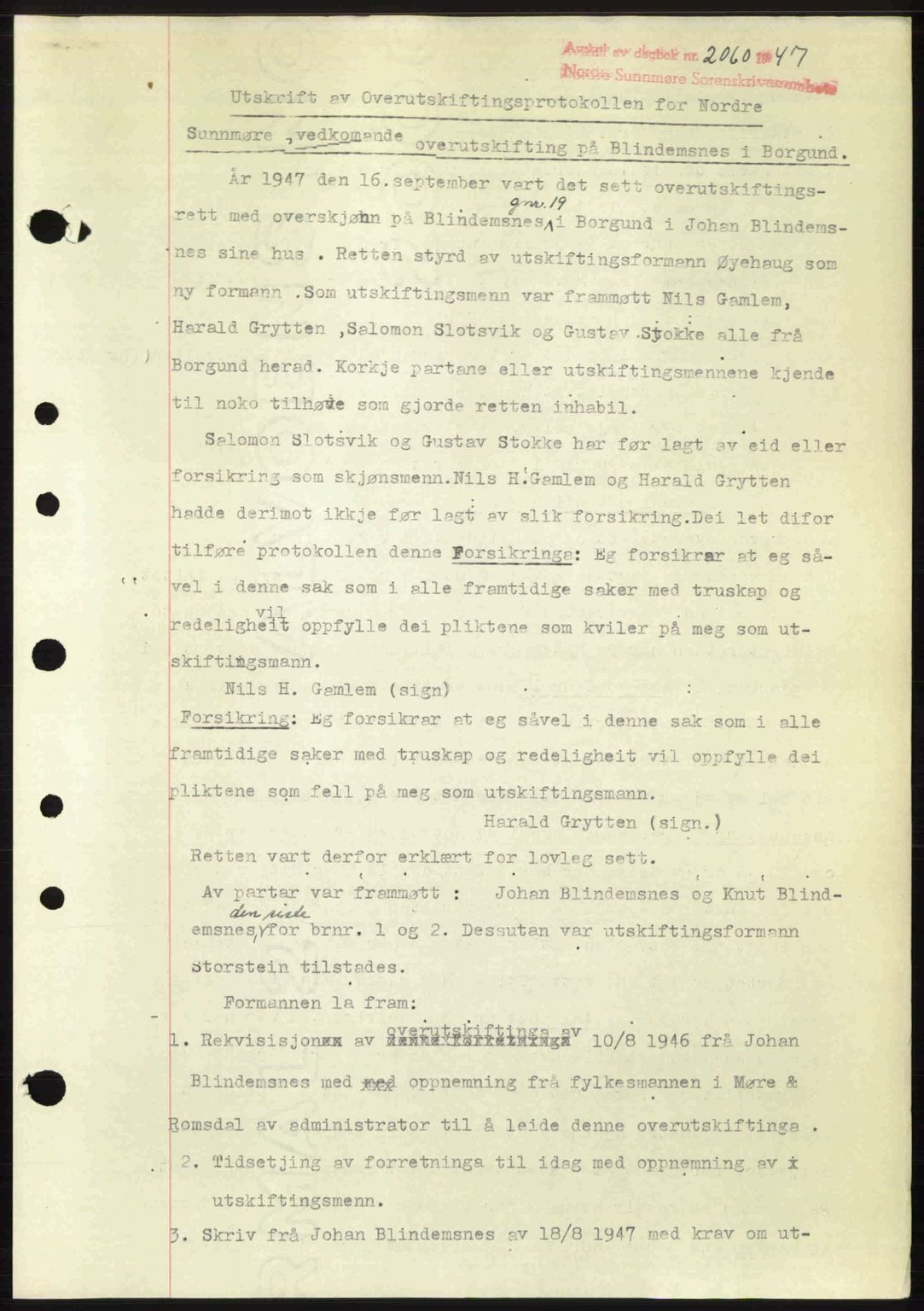 Nordre Sunnmøre sorenskriveri, AV/SAT-A-0006/1/2/2C/2Ca: Mortgage book no. A26, 1947-1948, Diary no: : 2060/1947