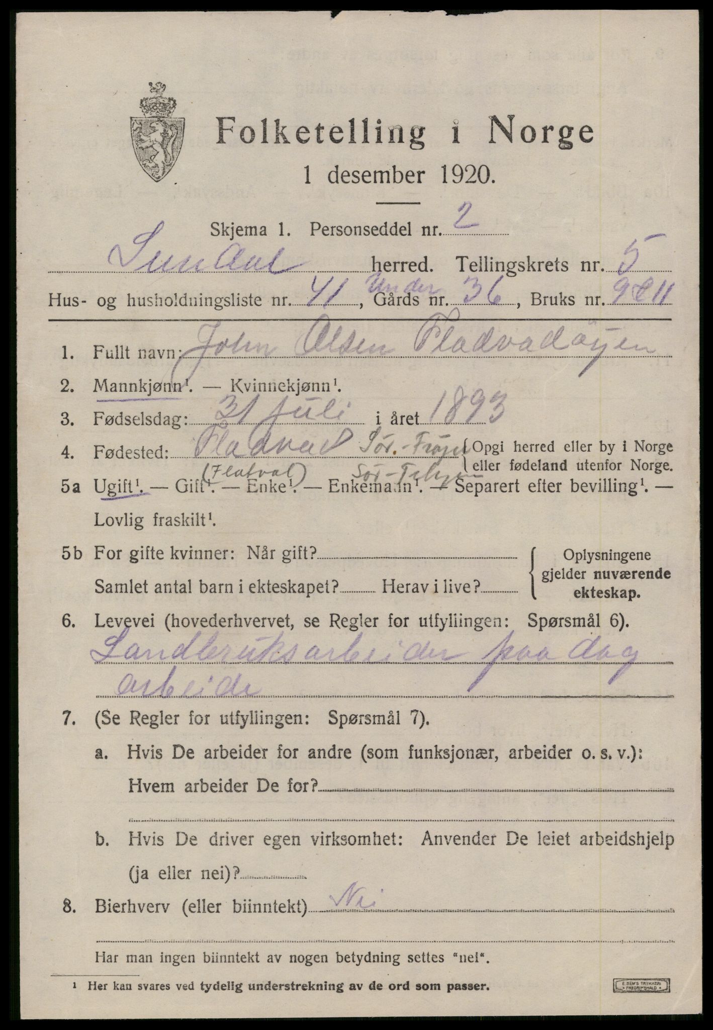 SAT, 1920 census for Sunndal, 1920, p. 3560