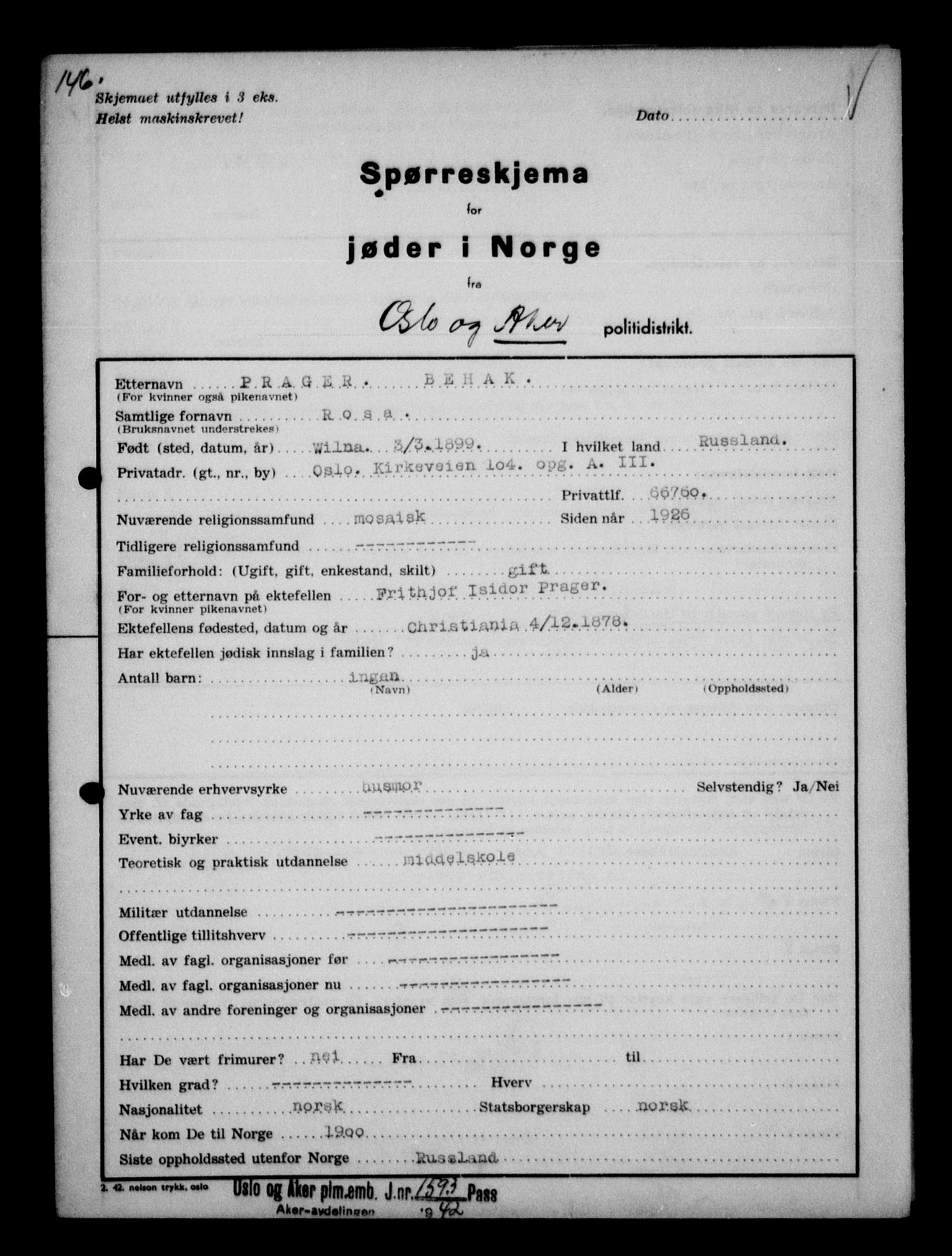 Statspolitiet - Hovedkontoret / Osloavdelingen, AV/RA-S-1329/G/Ga/L0012: Spørreskjema for jøder i Norge. 1: Aker 114- 207 (Levinson-Wozak) og 656 (Salomon). 2: Arendal-Hordaland. 3: Horten-Romerike.  , 1942, p. 99