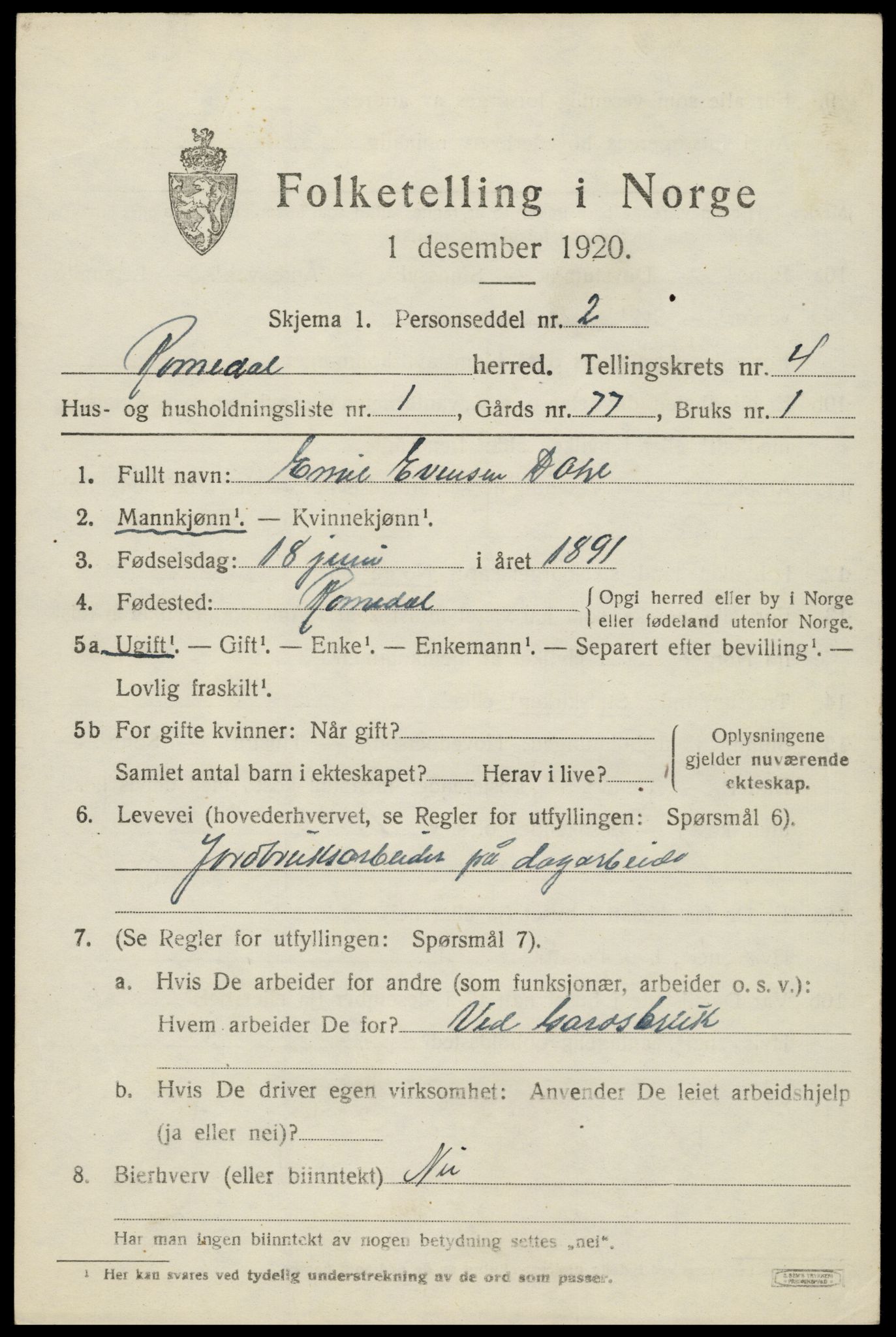 SAH, 1920 census for Romedal, 1920, p. 5633