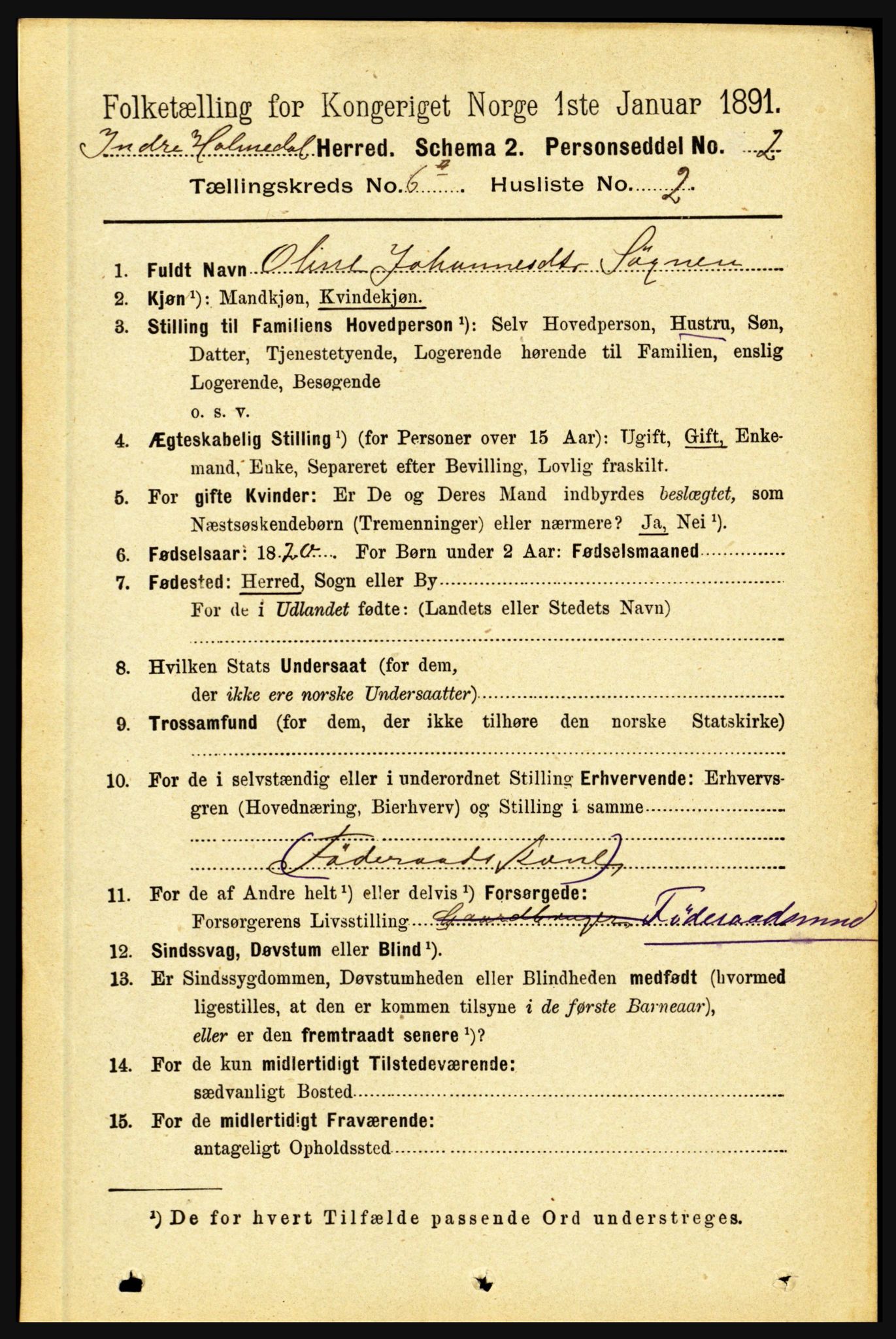 RA, 1891 census for 1430 Indre Holmedal, 1891, p. 2465