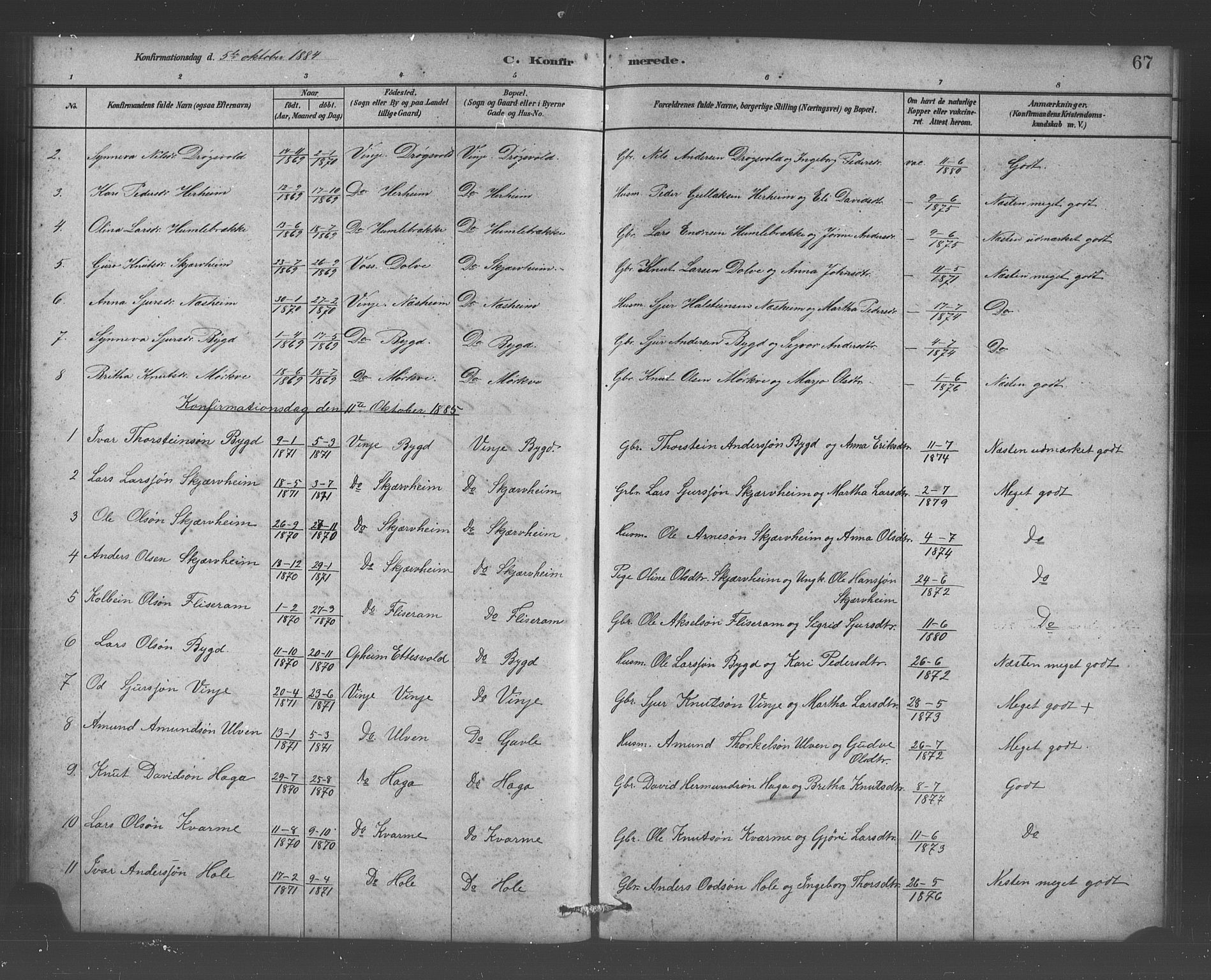 Vossestrand Sokneprestembete, SAB/A-79101/H/Hab: Parish register (copy) no. B 3, 1880-1907, p. 67