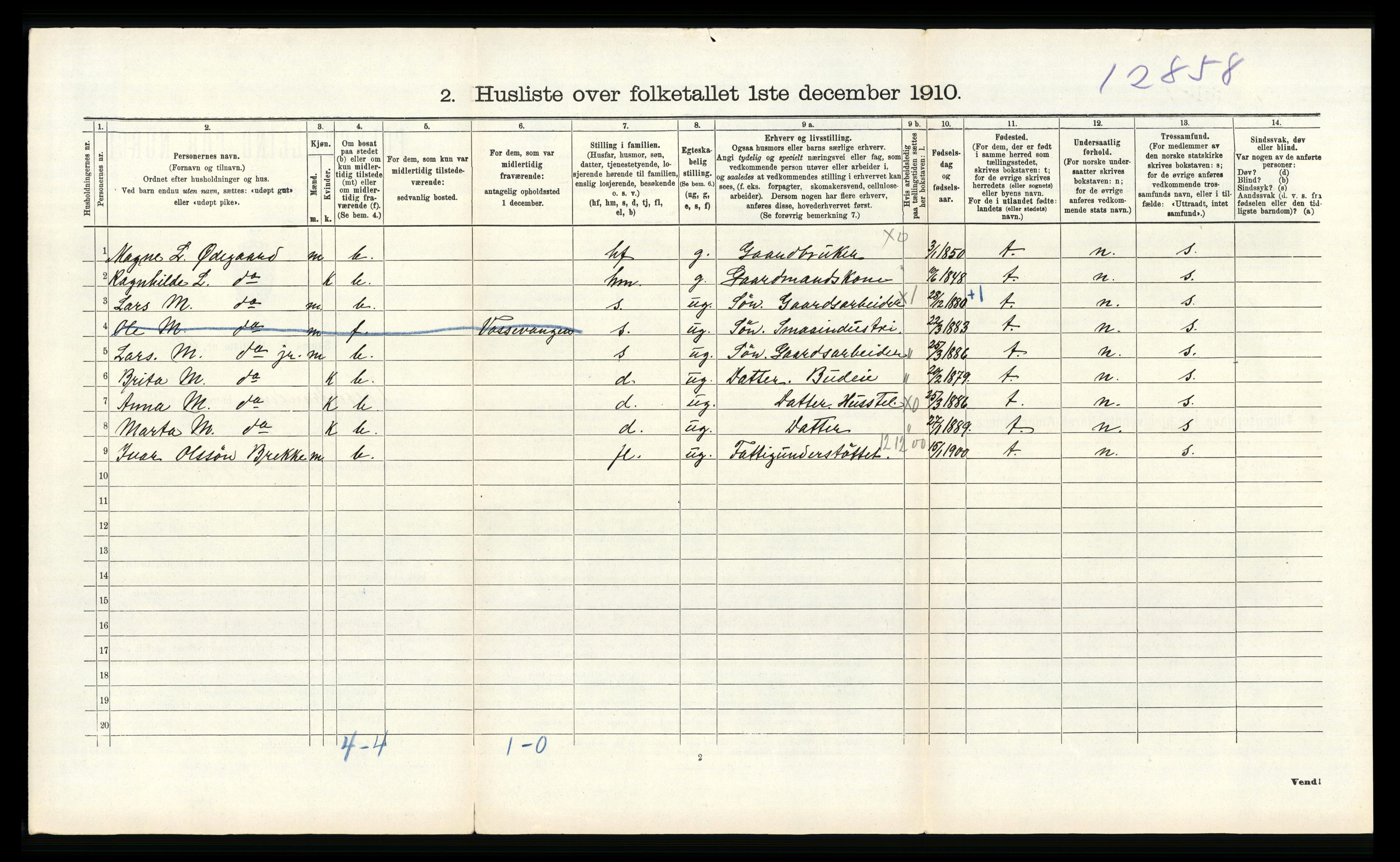 RA, 1910 census for Vossestrand, 1910, p. 540