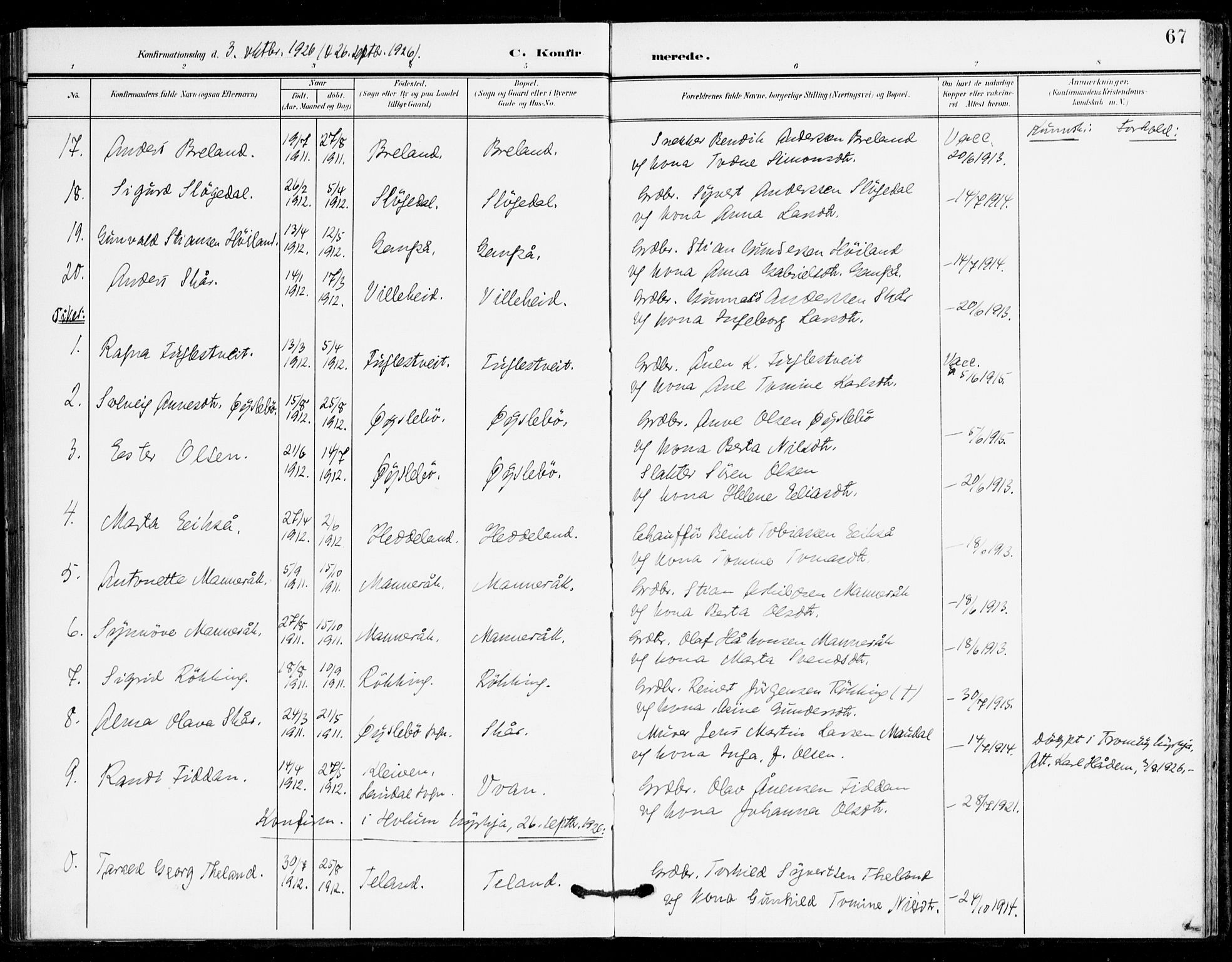 Holum sokneprestkontor, AV/SAK-1111-0022/F/Fa/Fac/L0005: Parish register (official) no. A 5, 1908-1930, p. 67