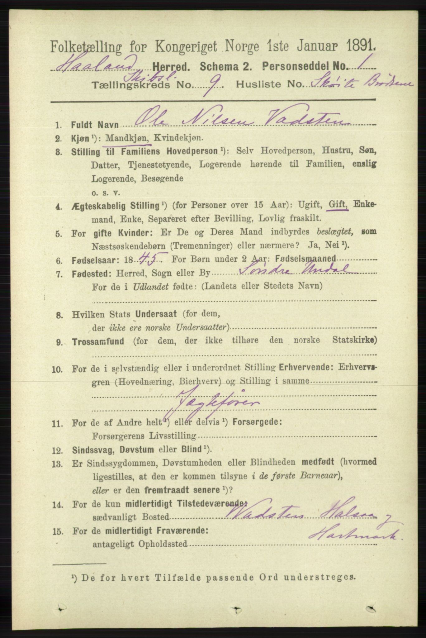 RA, 1891 census for 1124 Haaland, 1891, p. 4098