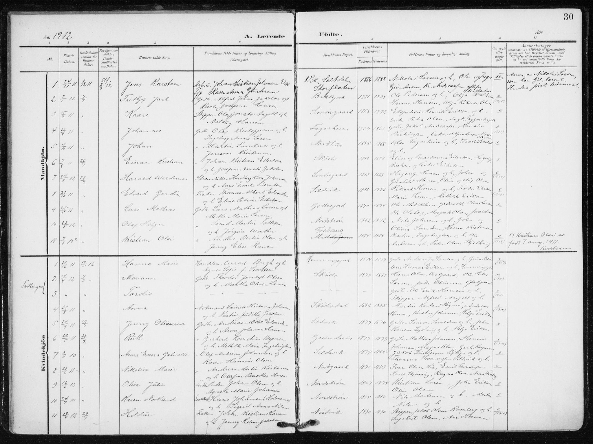 Tranøy sokneprestkontor, SATØ/S-1313/I/Ia/Iaa/L0012kirke: Parish register (official) no. 12, 1905-1918, p. 30