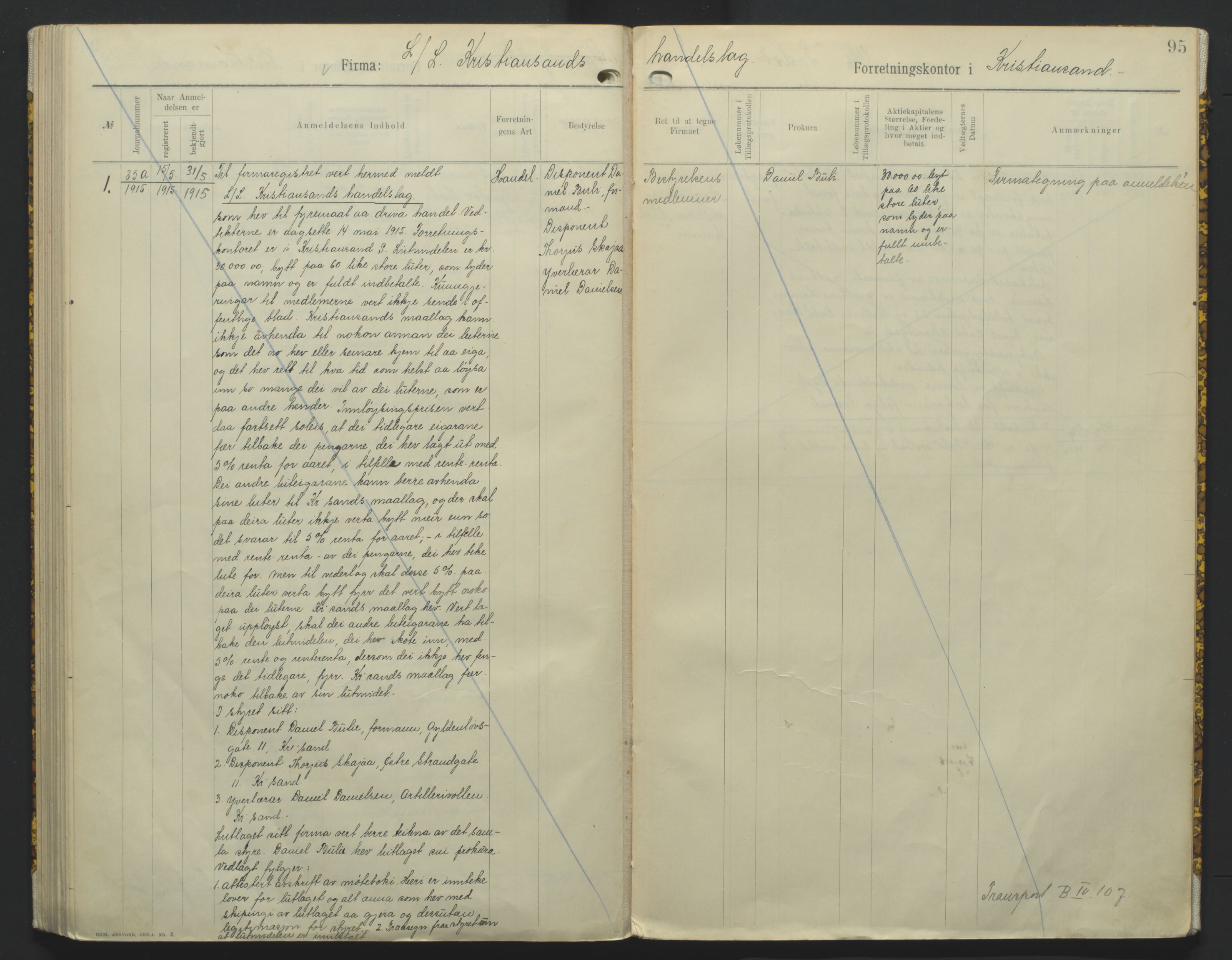 Kristiansand byrett, AV/SAK-1223-0001/K/Kb/L0010: Handelsregister B III, 1907-1915, p. 95