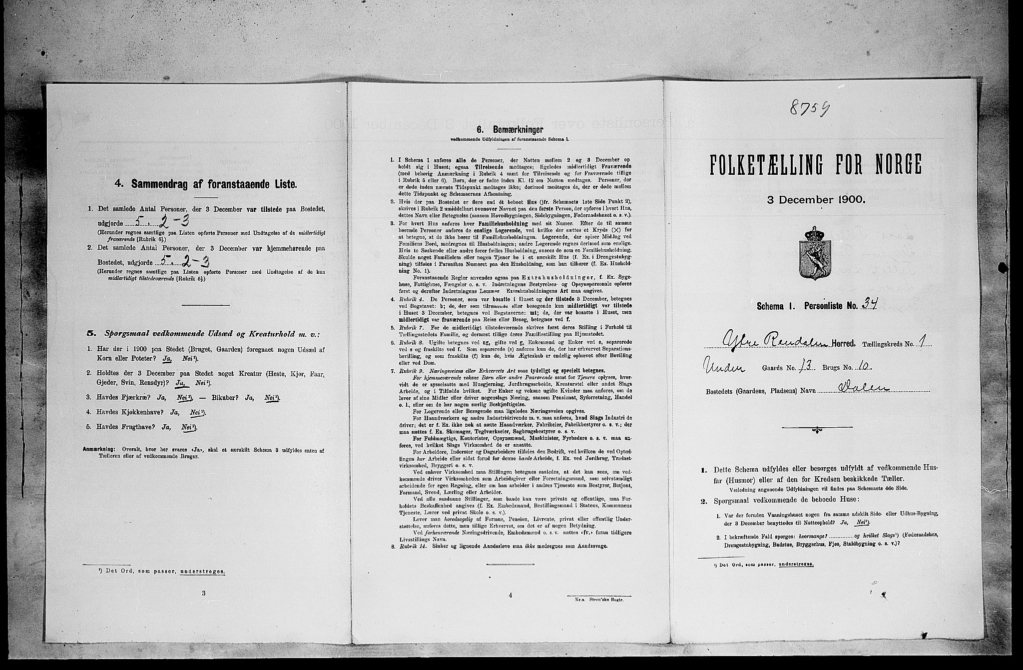SAH, 1900 census for Ytre Rendal, 1900, p. 117