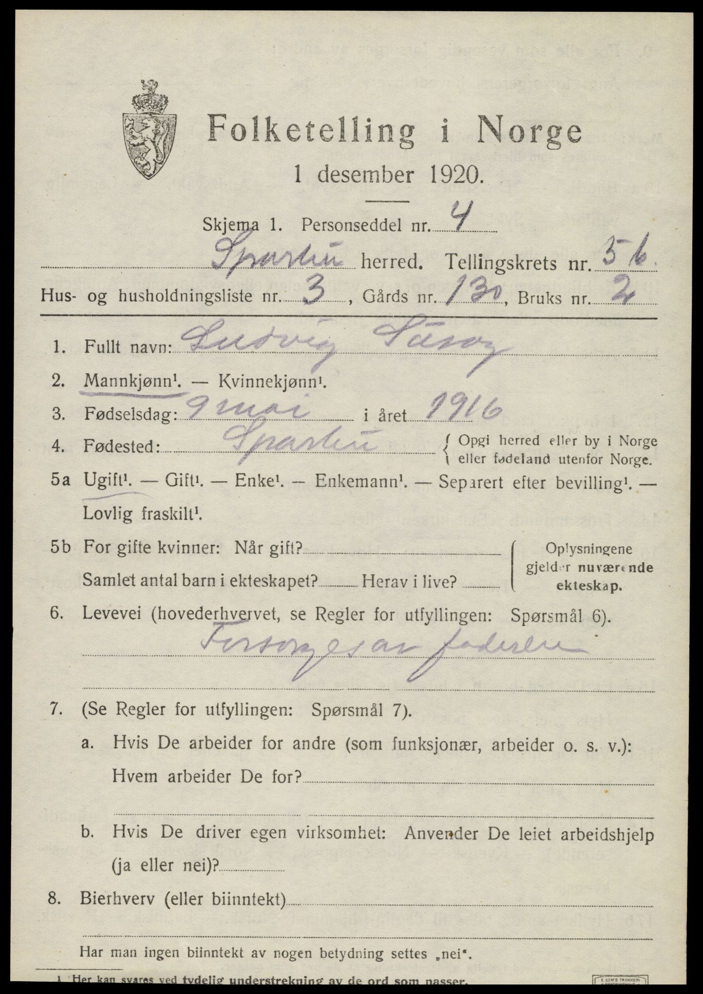 SAT, 1920 census for Sparbu, 1920, p. 6855