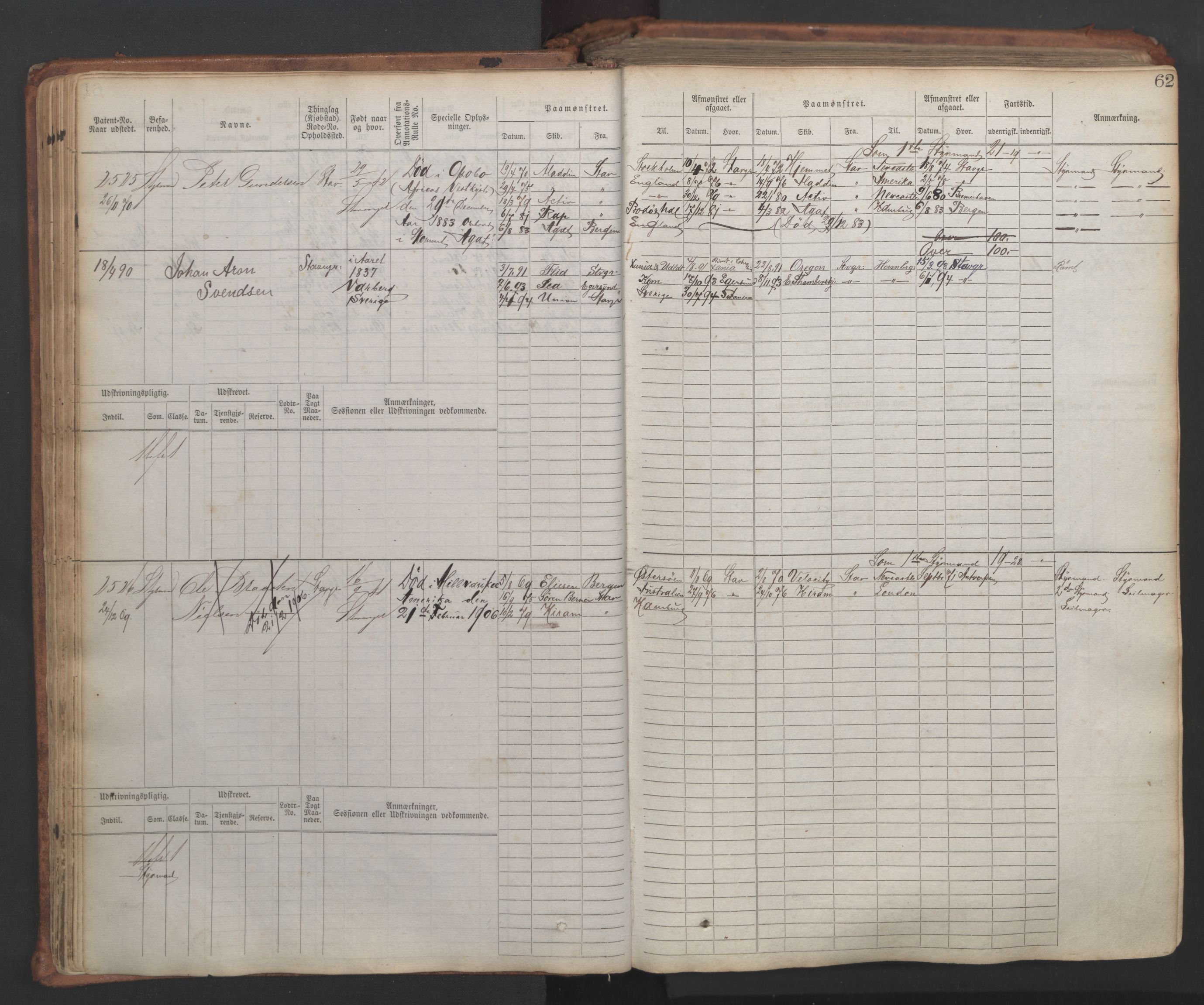 Stavanger sjømannskontor, AV/SAST-A-102006/F/Fb/Fbb/L0007: Sjøfartshovedrulle, patentnr. 2403-3604, 1869-1880, p. 67