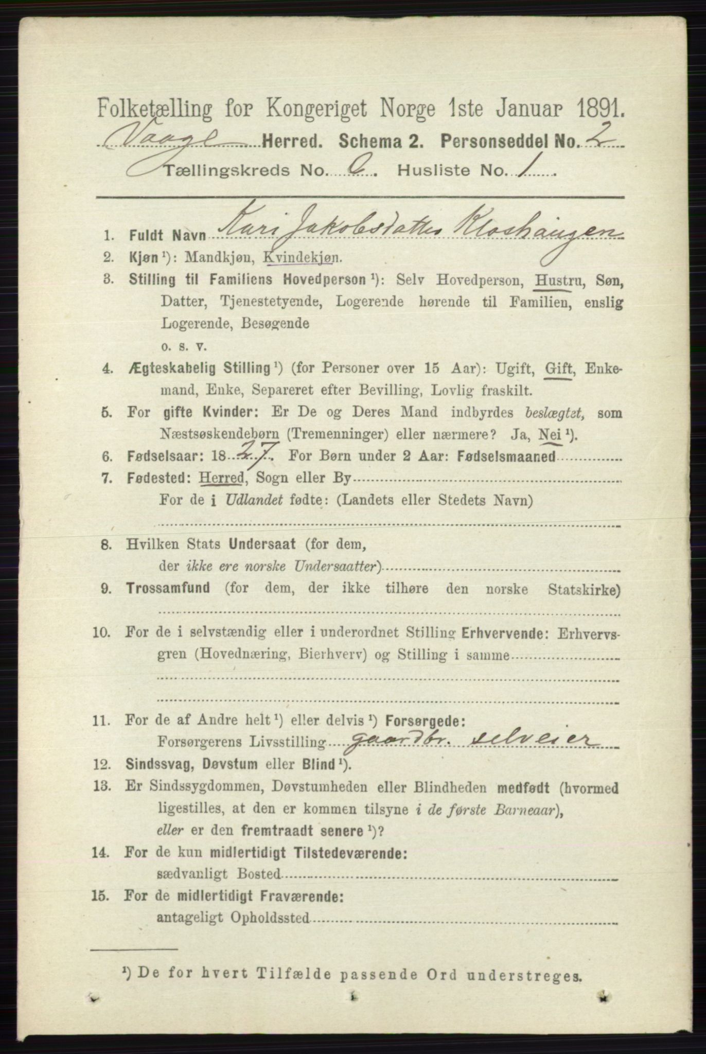 RA, 1891 census for 0515 Vågå, 1891, p. 3897